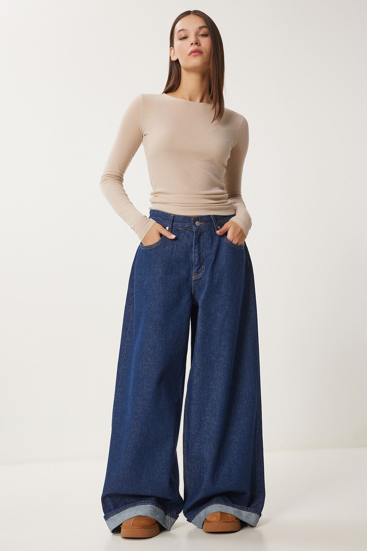 Woman Dark Blue High Waist Wide Paça Jeans RH00032