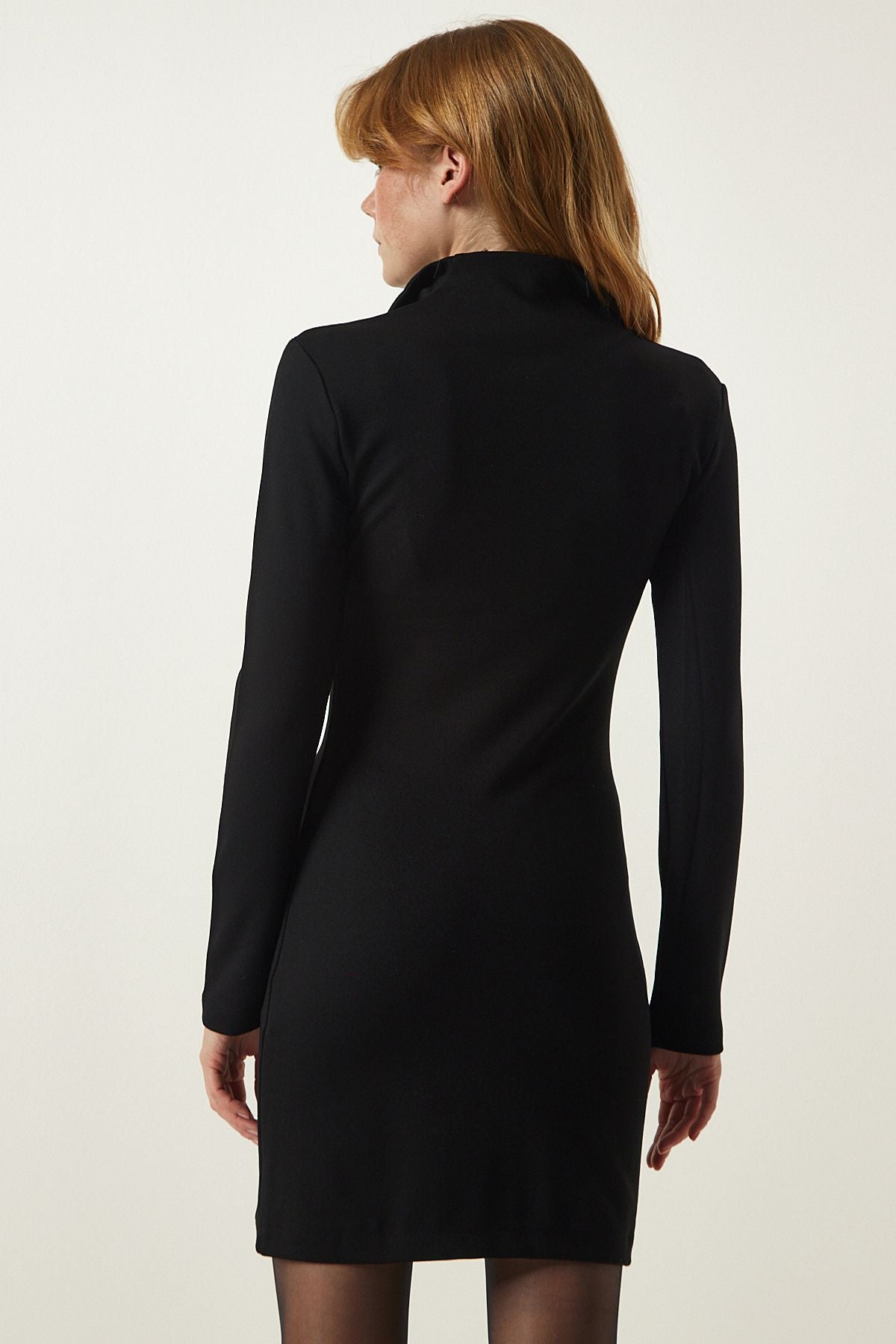 Black Zippered upright collar mini knitted dress SF00014