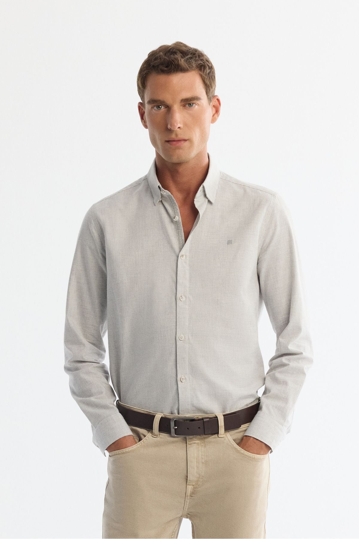 Men's gray button collar 100 %cotton flannel shirt A42Y2002