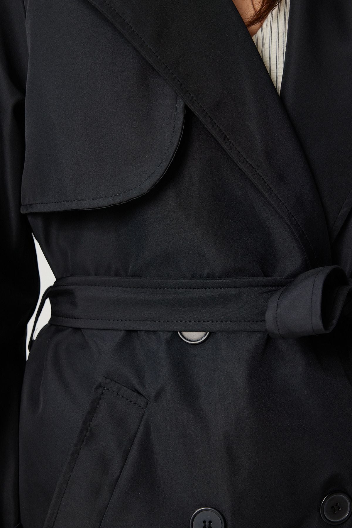 Women's black draped long trench coat DD01334