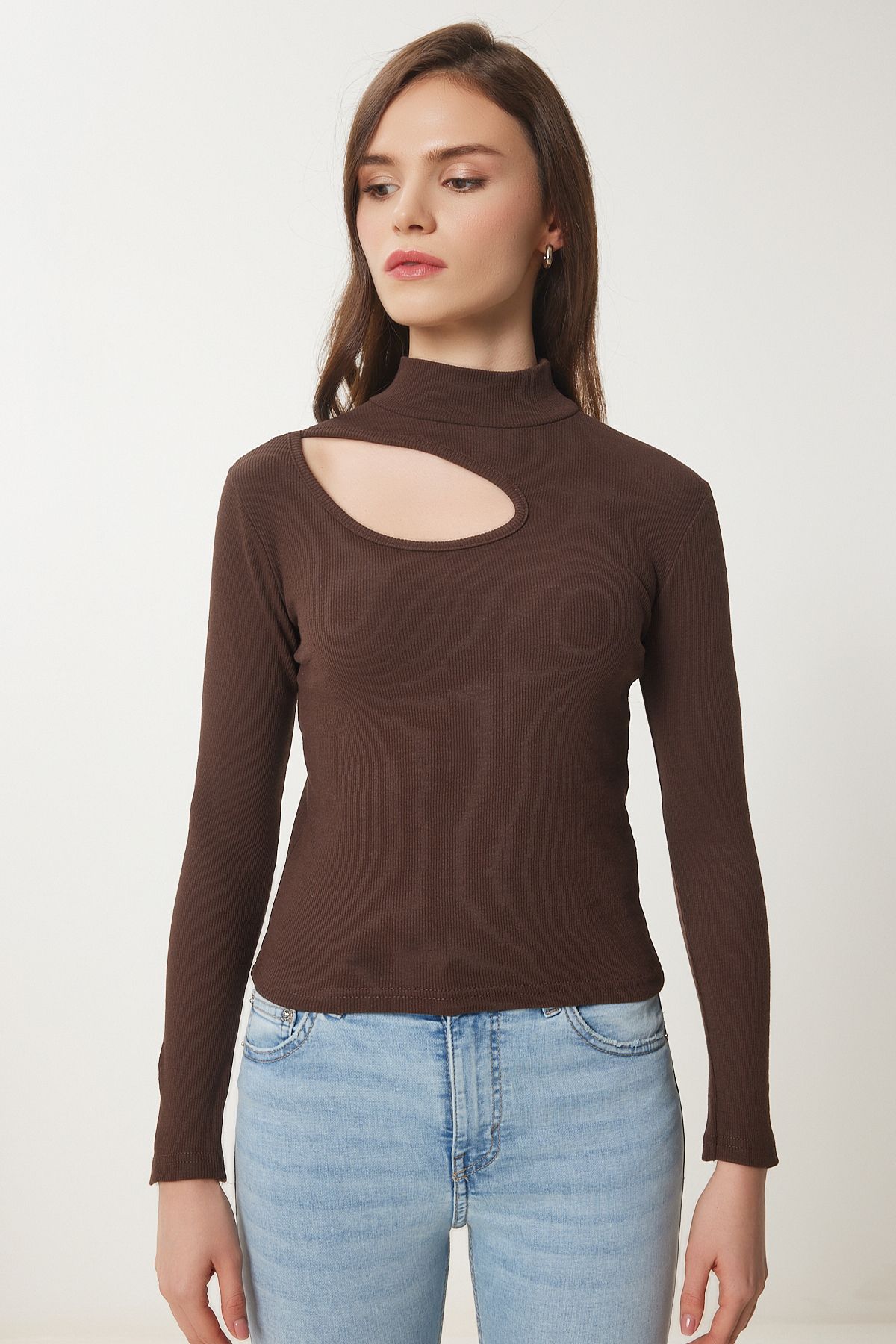 Female Brown Cut Out Detailed Wick Knitting Blouse GT00065