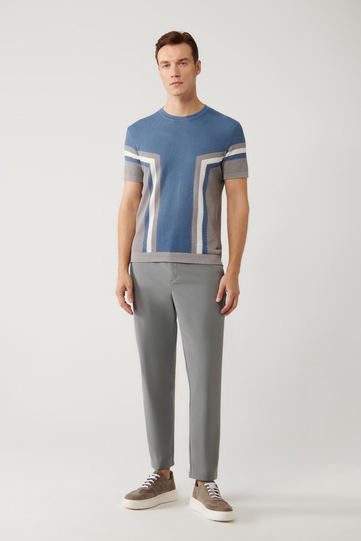 Men's Indigo Bicycle Block Block Color Tissue Modal Knitwear T-Shirt A41y5012