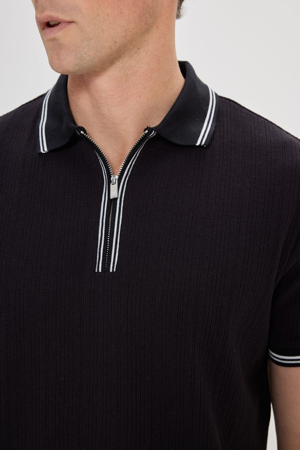 Men's Black Standard Fit Normal Cutter Cotton striped Polo Yaka T -shirt