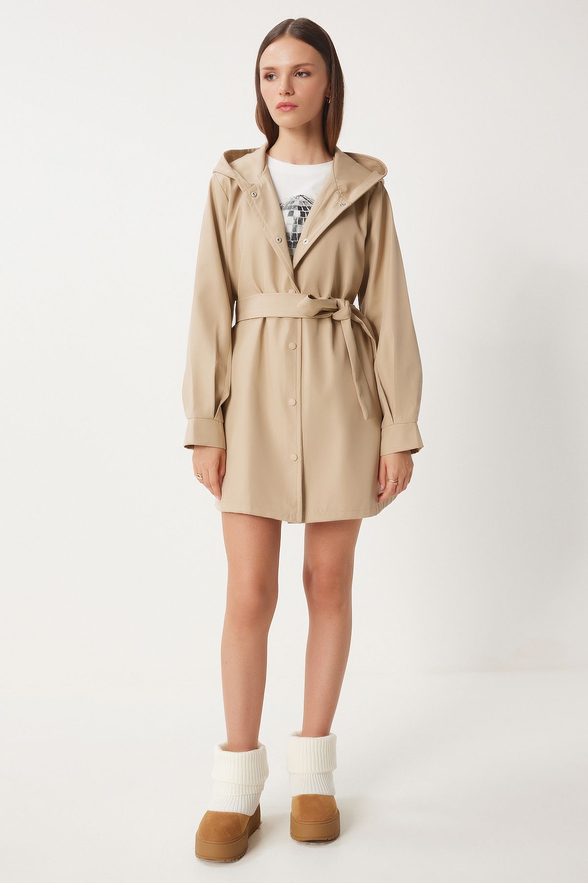 Female Beige Hooded Born Short Trench Coat DD01335