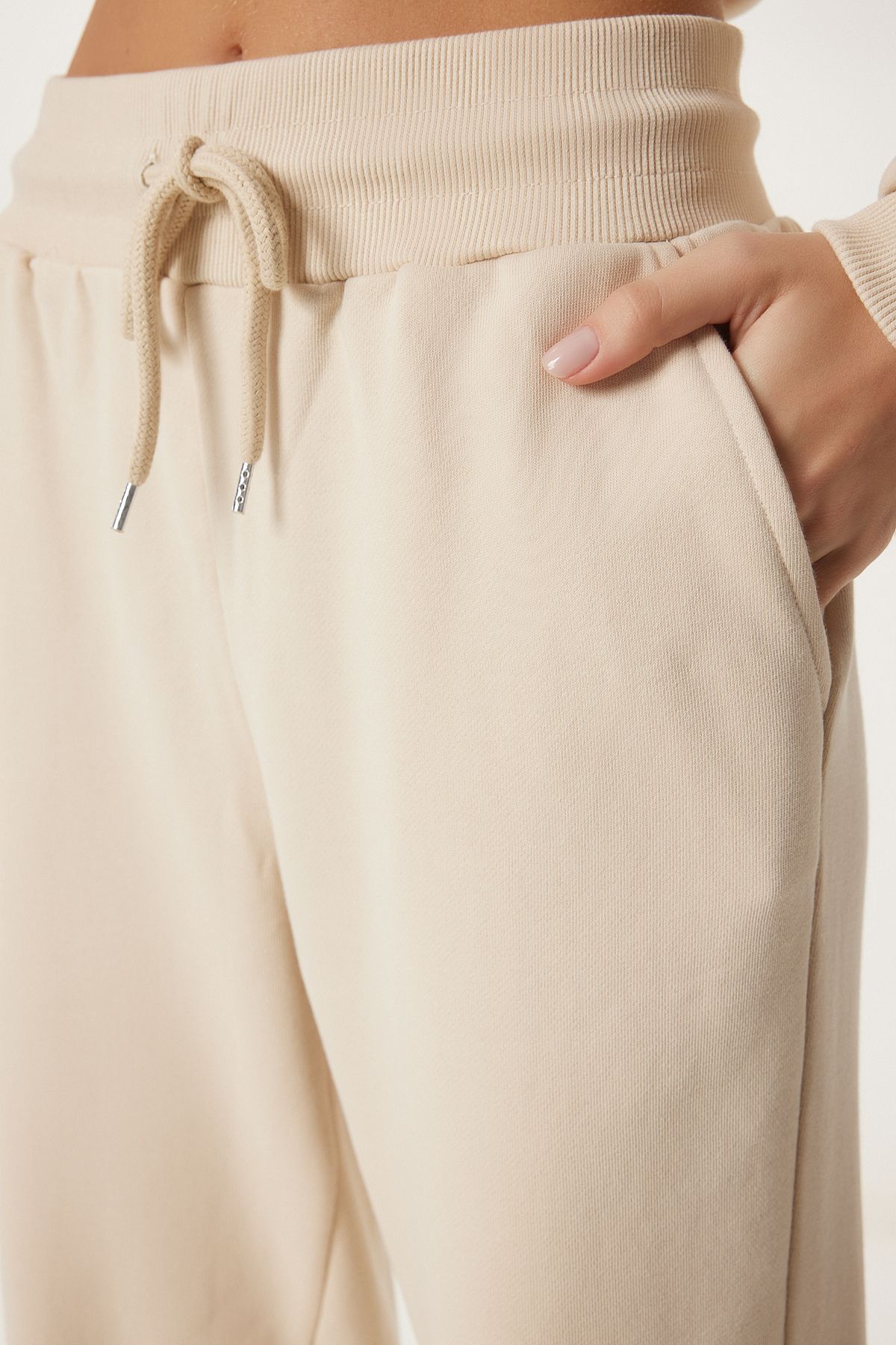 Women's Cream Hooded Sweatshirt Jogger Oversize Knitting Satatches PYS0027