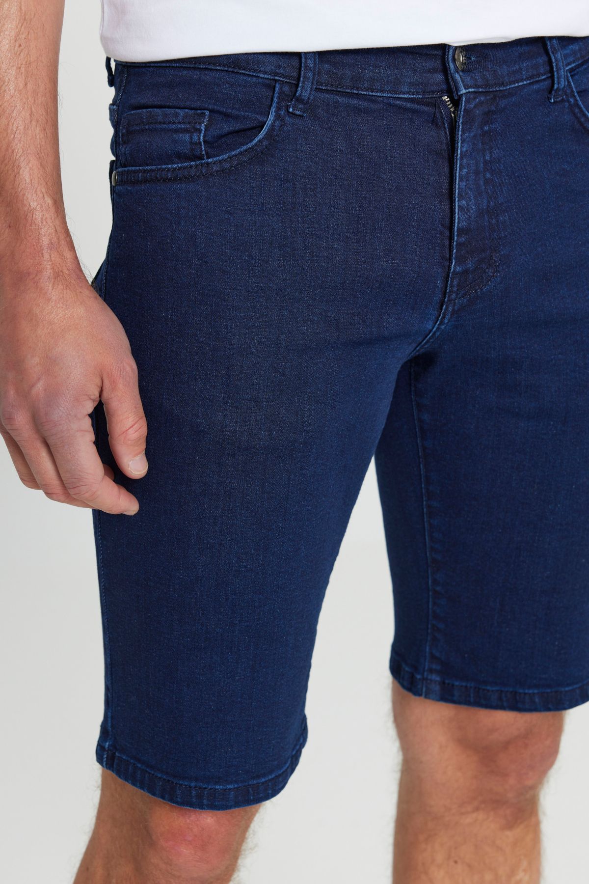 Men's dark navy blue slim fit narrow cut cotton flexible denim shorts