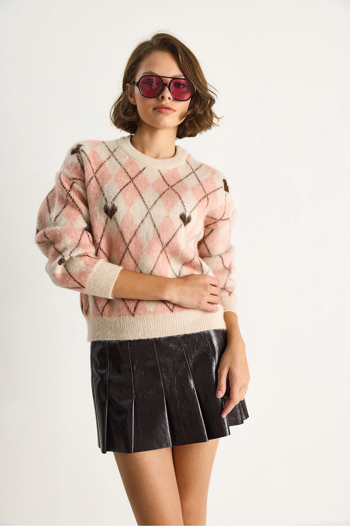 Women's Diamond Patterned Heart Jacquard Knitwear Sweater 9032 60283516