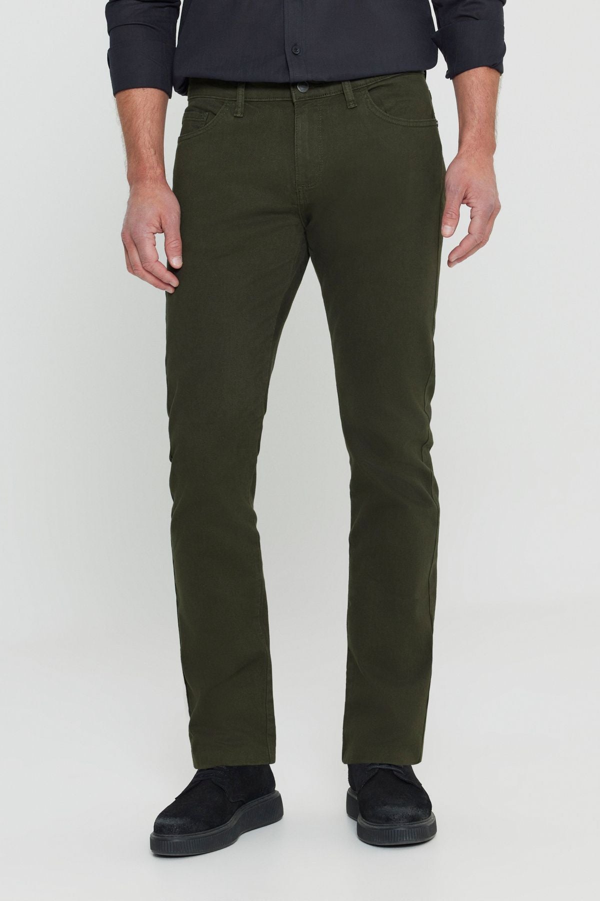 Men's Khaki Slim Fit Narrow Cut 5 pocket cotton canvas flexible chino pants