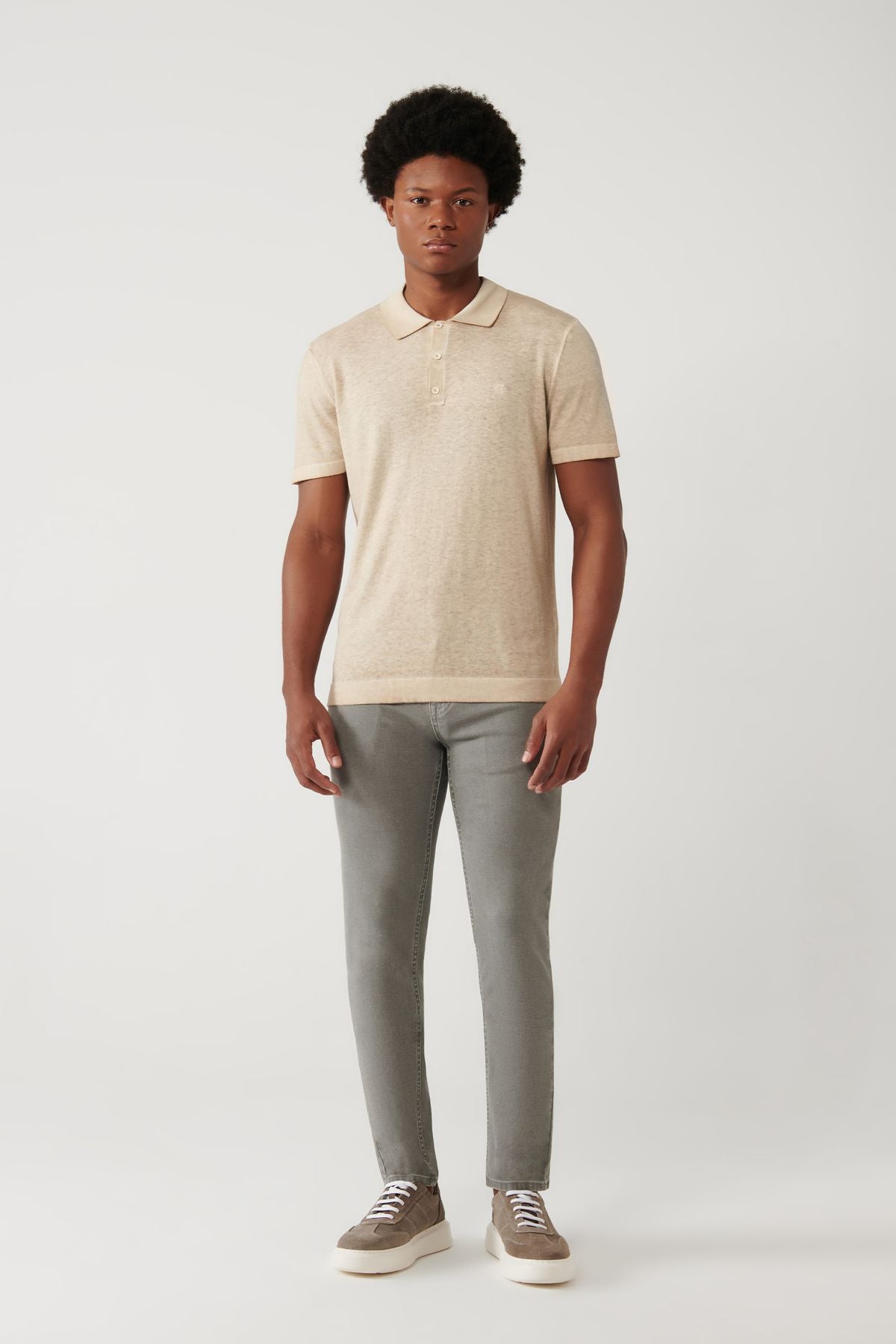 Erkek Bej 3 Düğmeli Garmment Dyed Polo Yaka T-shirt A41Y5067