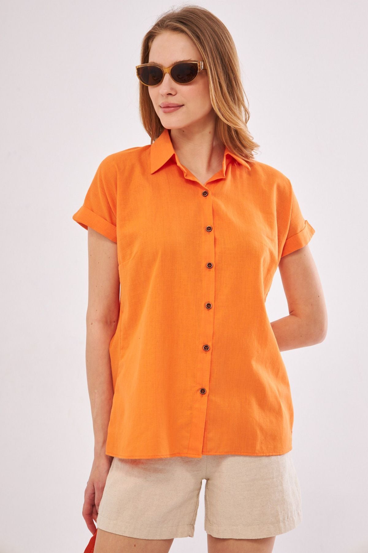 Women's Orange Short Sleeve Linen Shirt ARM-24Y001038