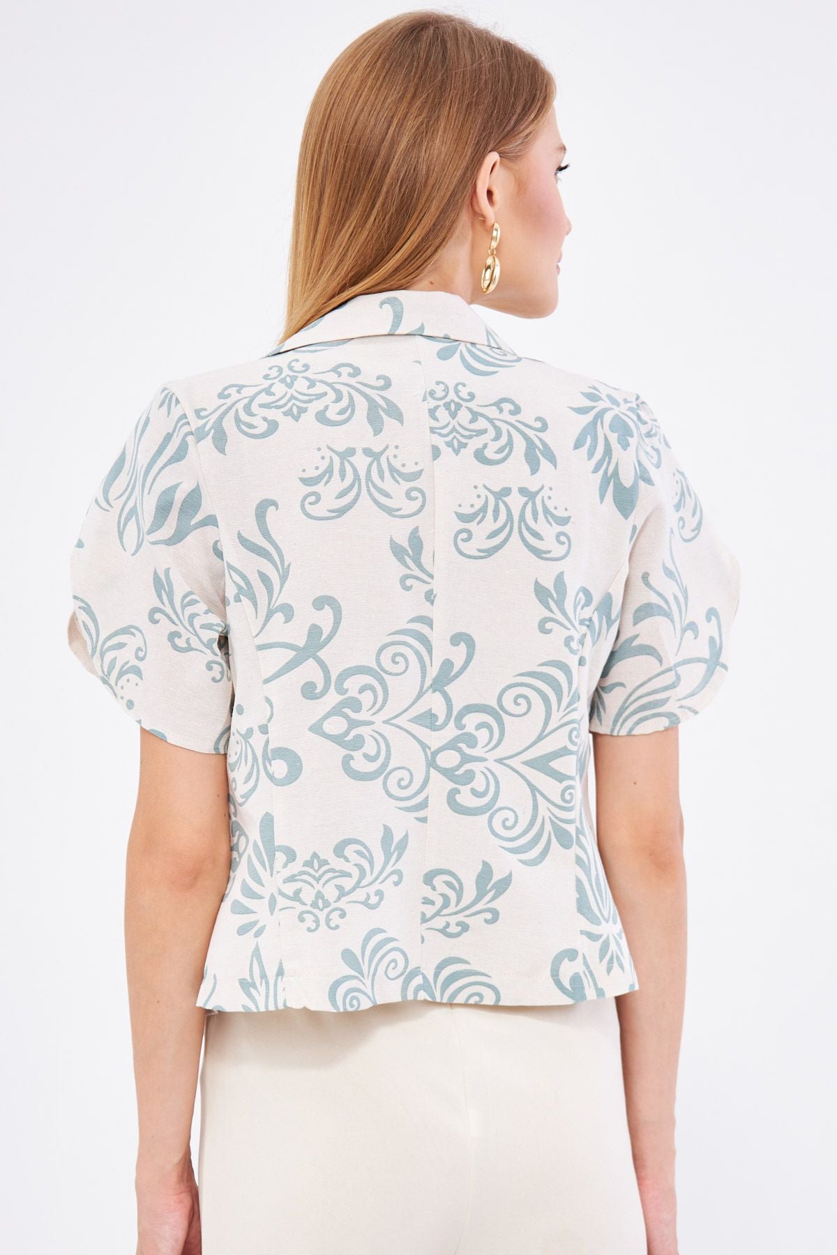 Female Mint Linen-Looking Patterned Band Slit Crop Short Sleeve Jacket ARM-24Y001095
