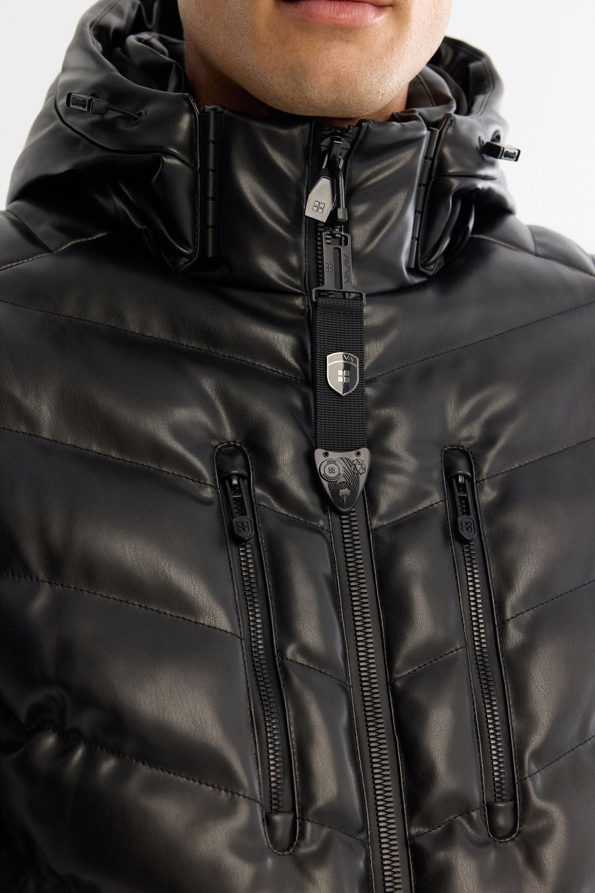 Men's black hooded water repulsive windproof swelling coat A42y6003