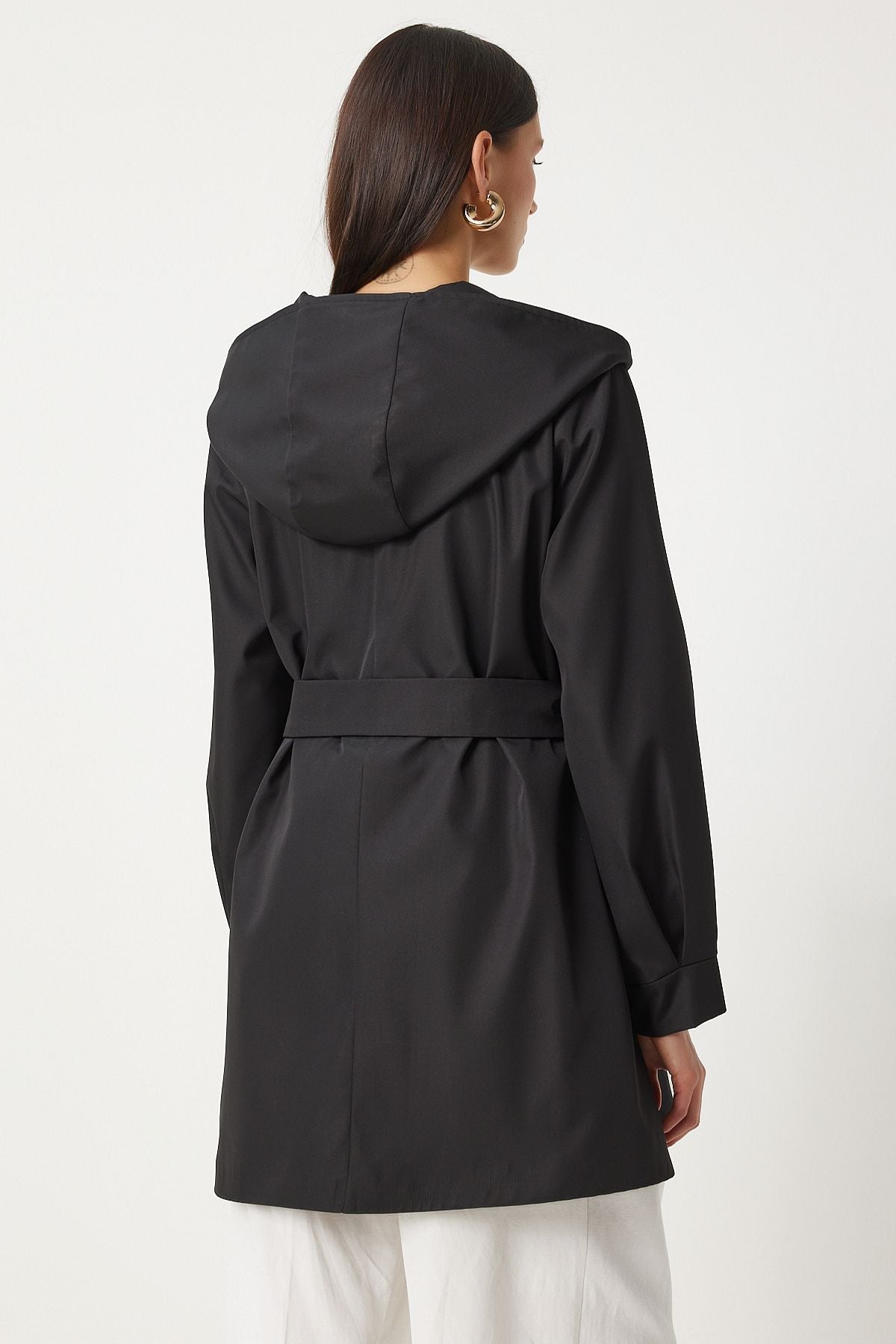 WOMEN'S Black Hooded Born Short Trench Coat DD01335