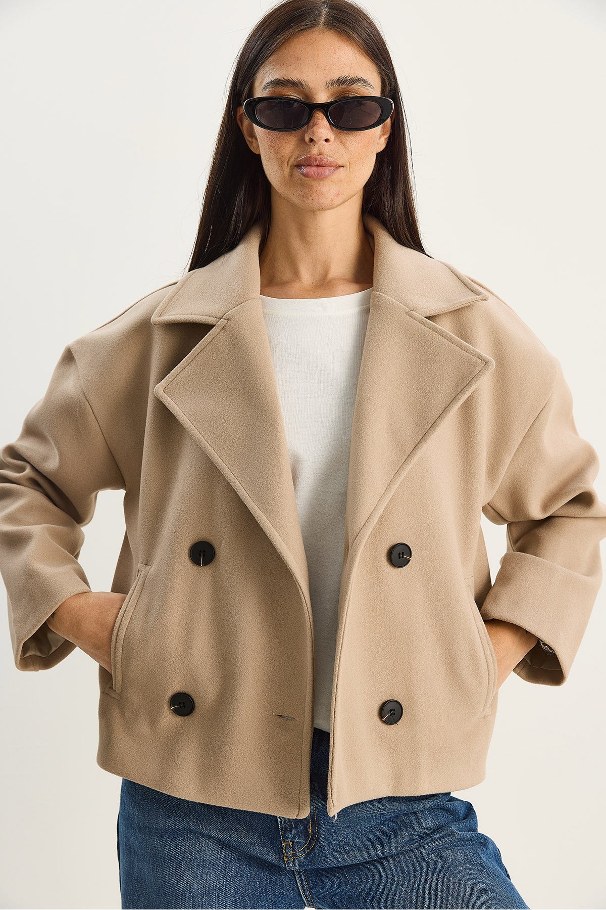 Women's Wide Collar Pocket Detailed Lined Buttoned Short Cashmere Coat 2517 60283788