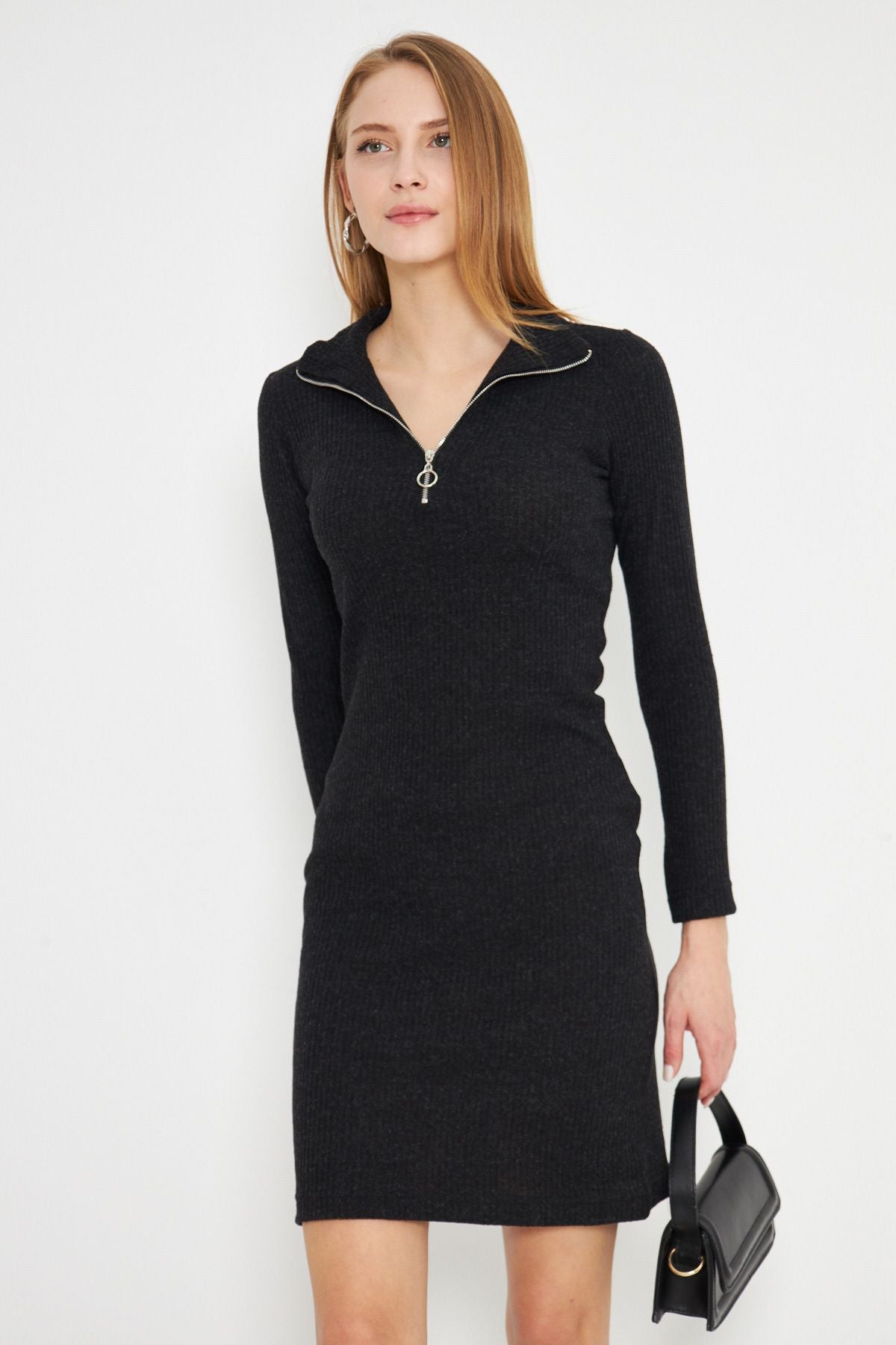 Female black collar zipper Kashkorse Knee Dress ARM-24Y001001