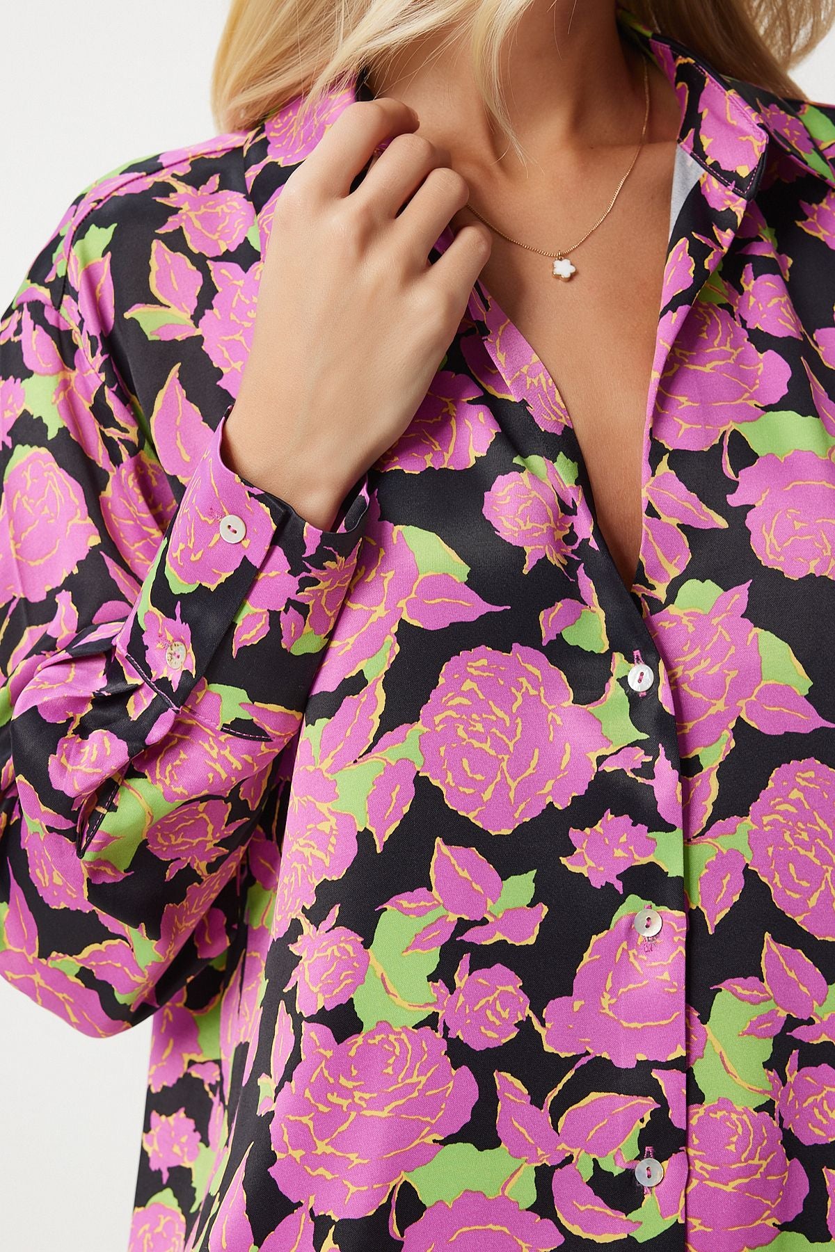 Female pink black flowering satin surface shirt HK00040