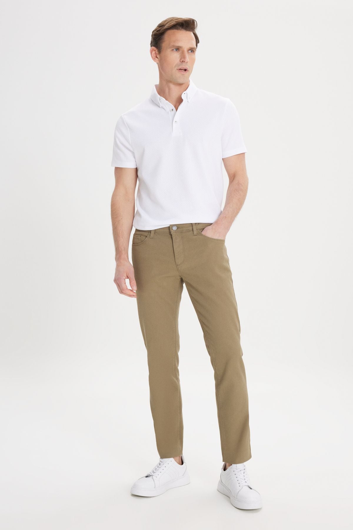 Men's Green Slim Fit Narrow Cut 5 Pocket Amelor Flexible Pants