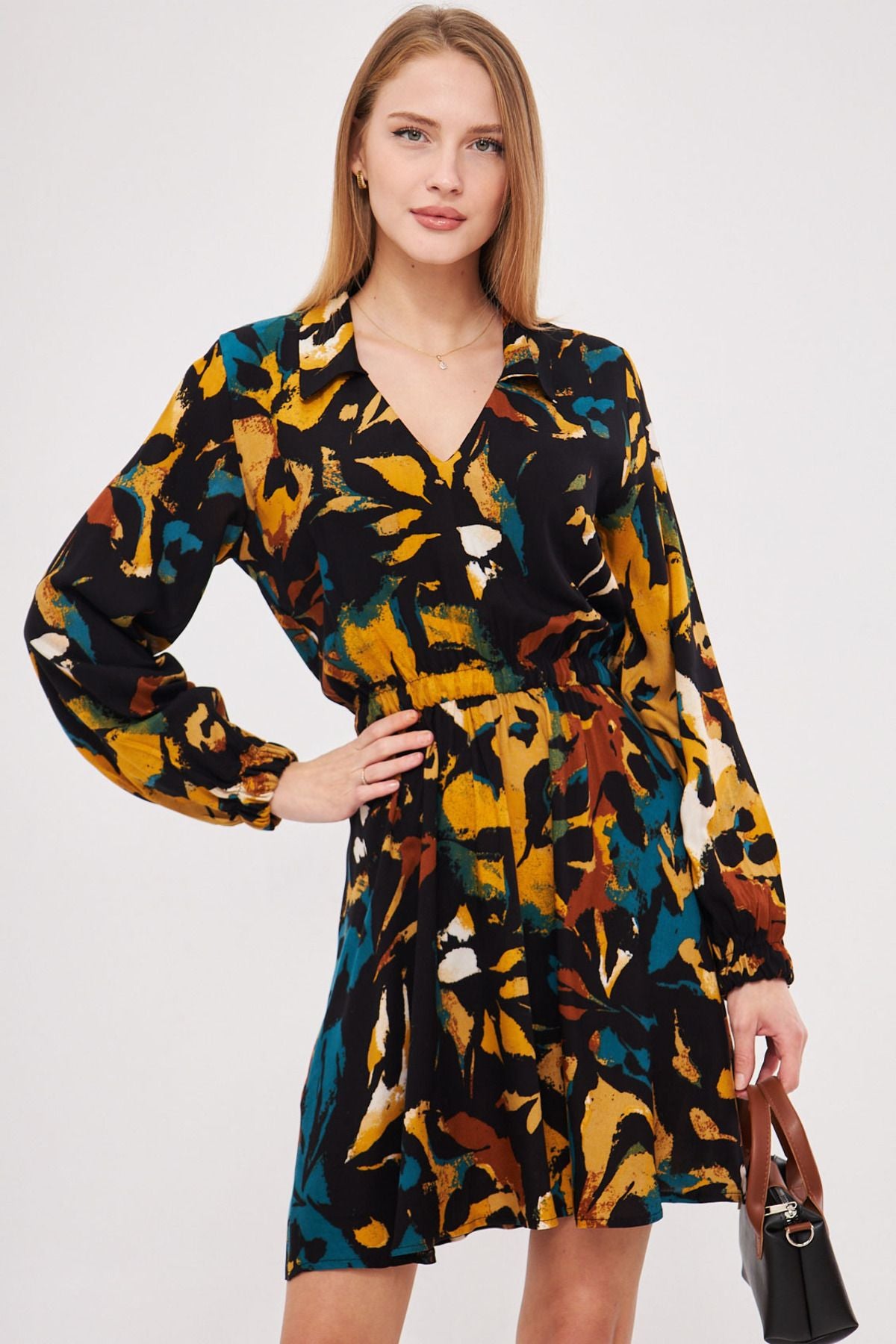 Female mustard shirt collar detailed waist arm tire closes dress ARM-25K001043