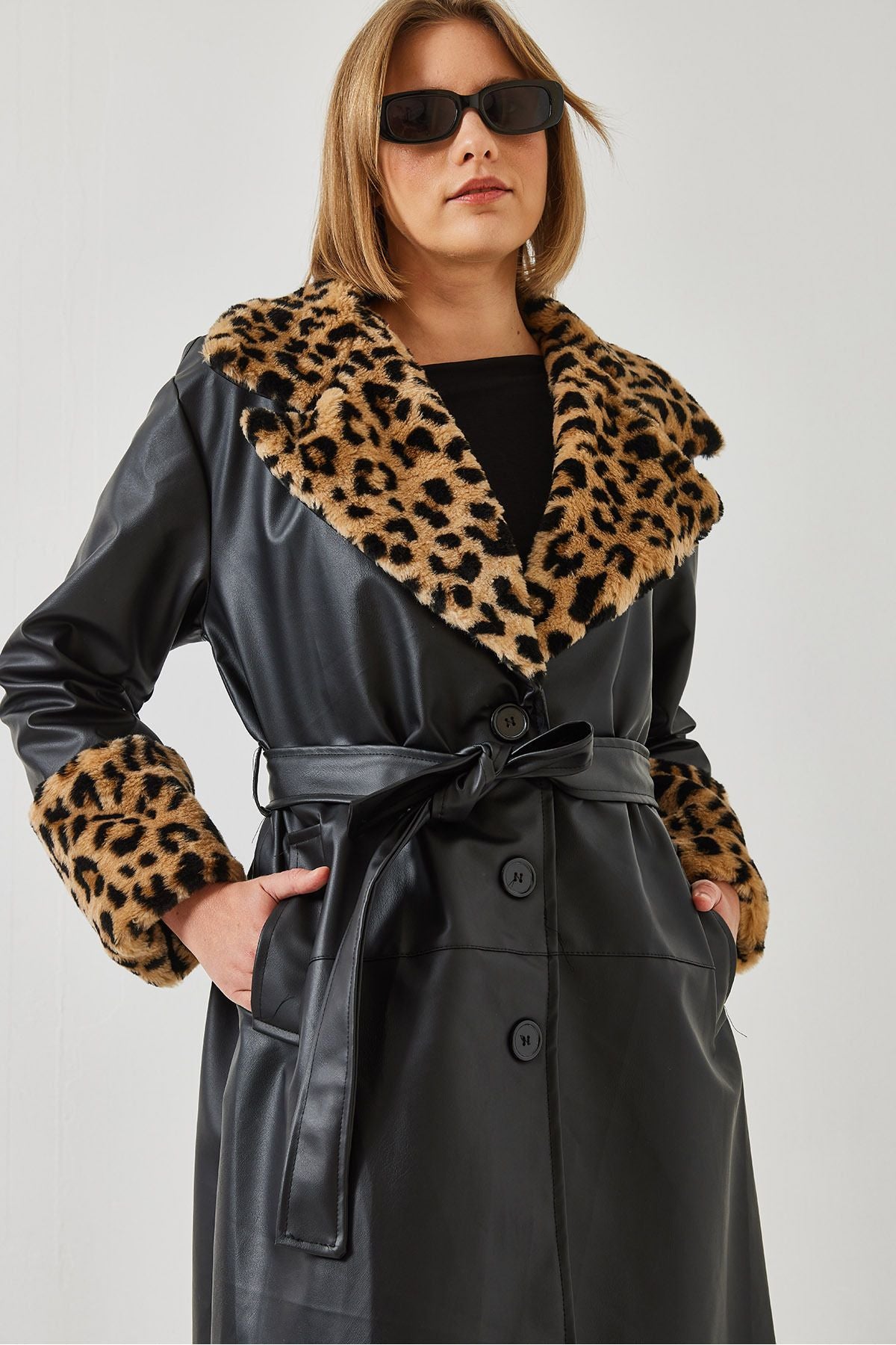 Women's collar and arms leopard fur leather trench coat 3103 60351269