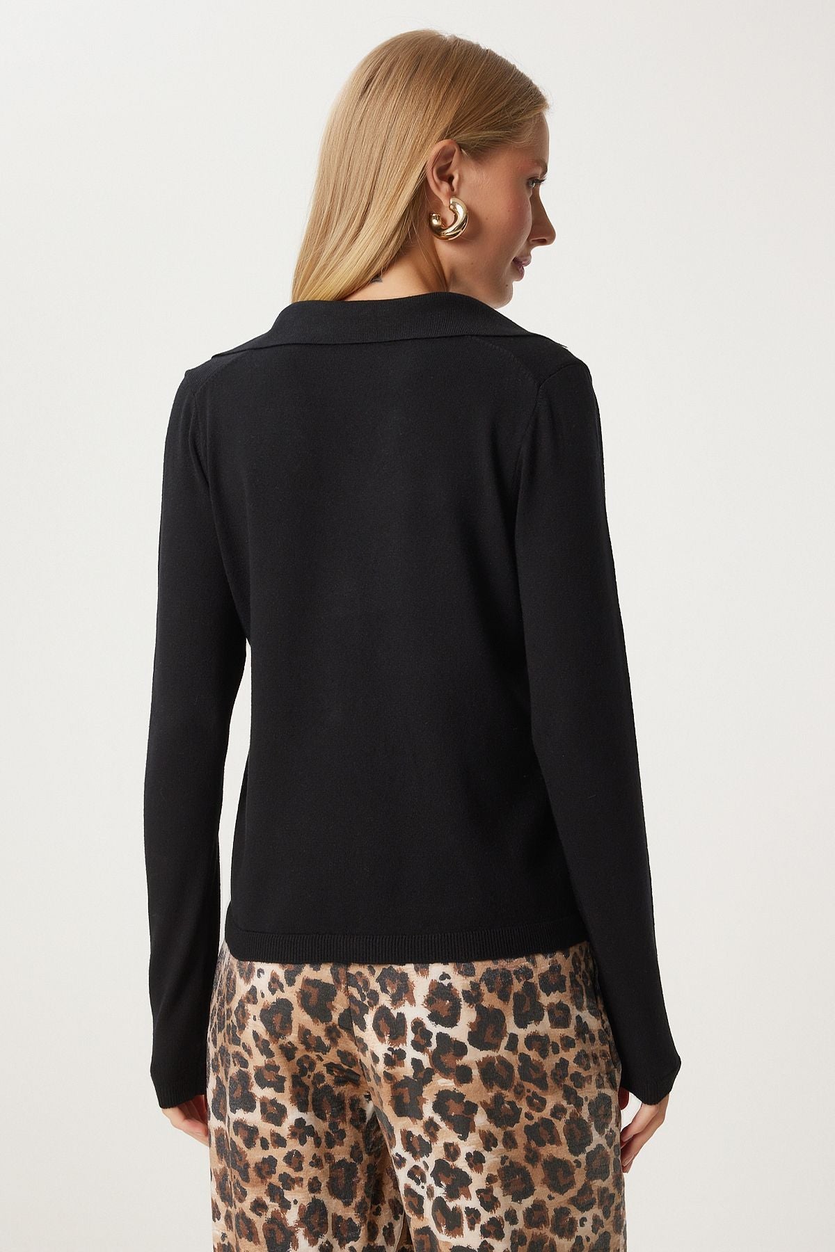 Female Black Polo Yaka Seasonal Triko Cardigan FN03301