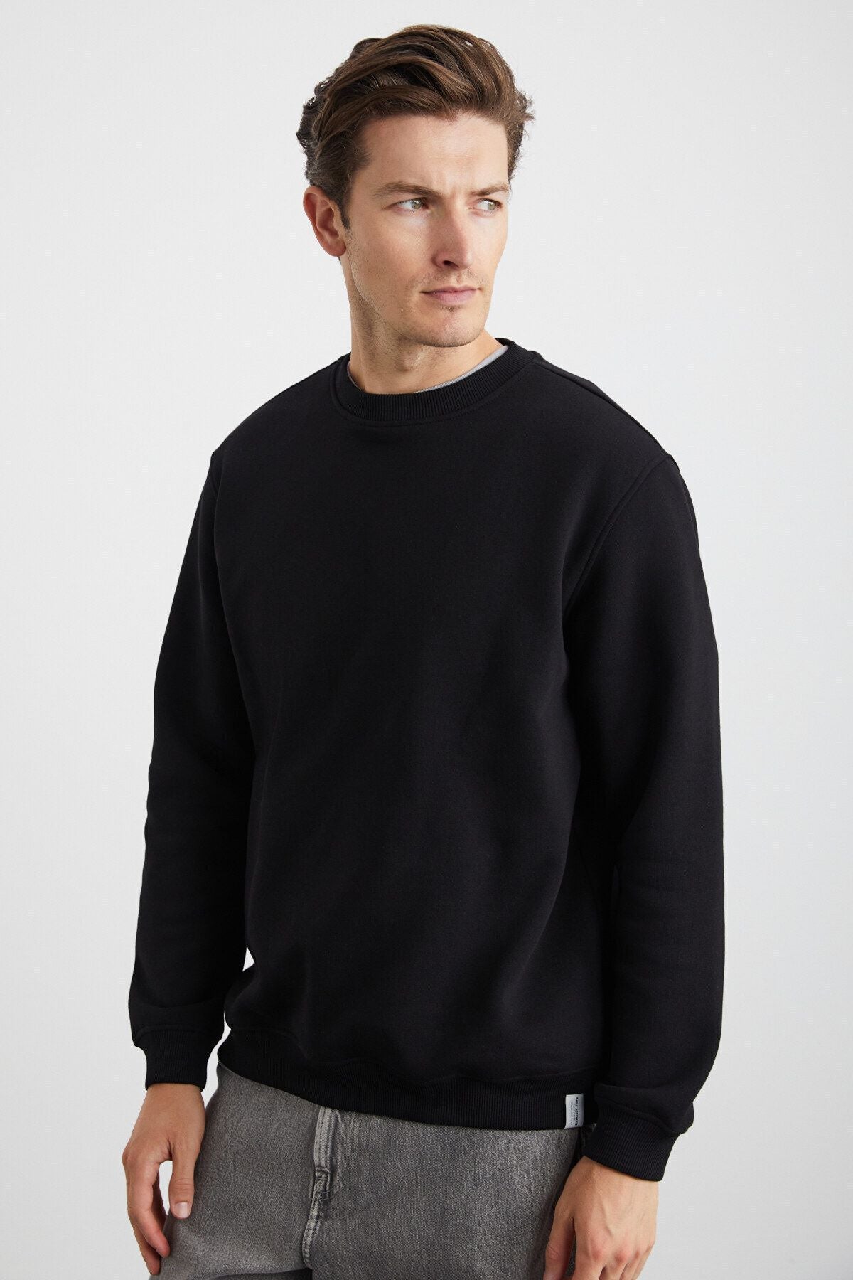 Adams Male Men's Içi Fleece Hot 3 Triple Knitting 100 %Organic Cotton Regular Fit Black Sweatshirt