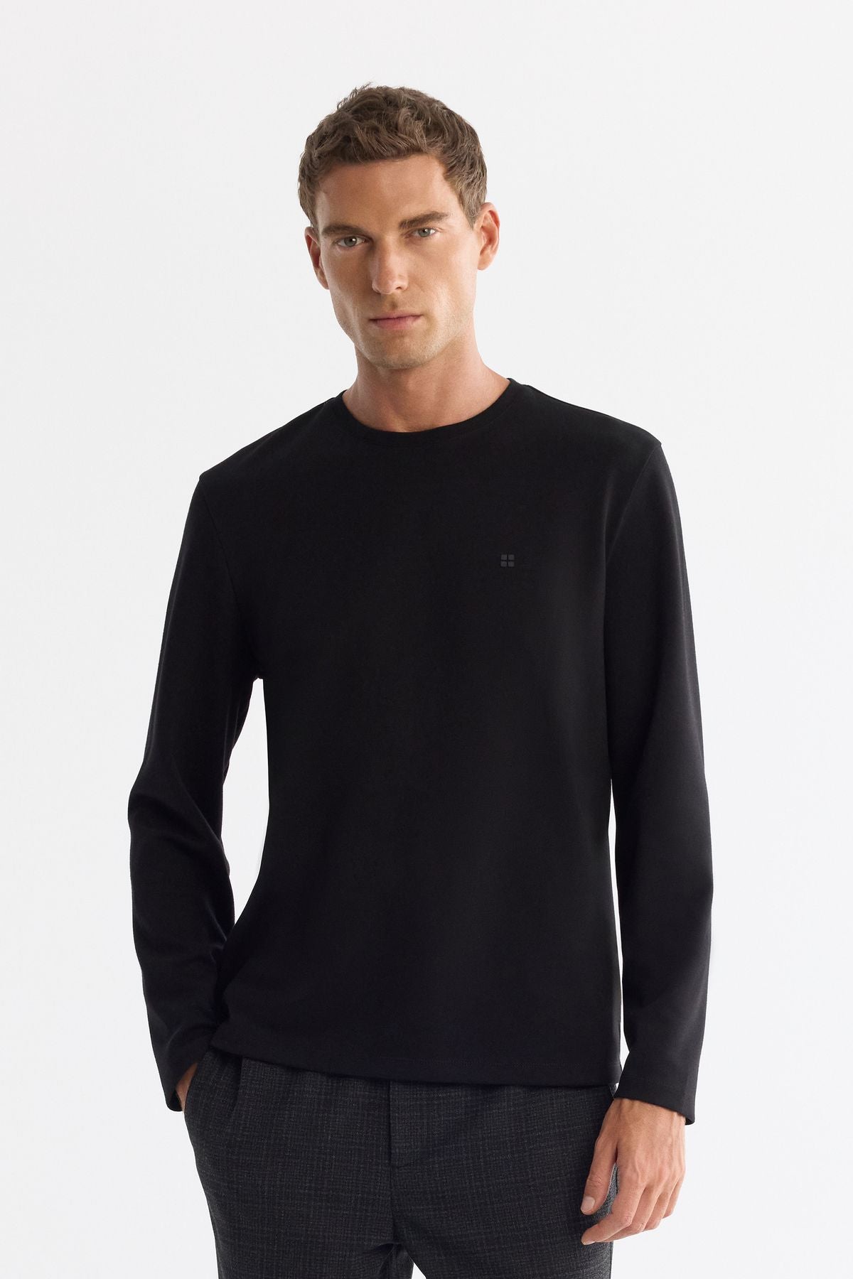 Men's black bike collar cotton long sleeve T-shirt A42y1350