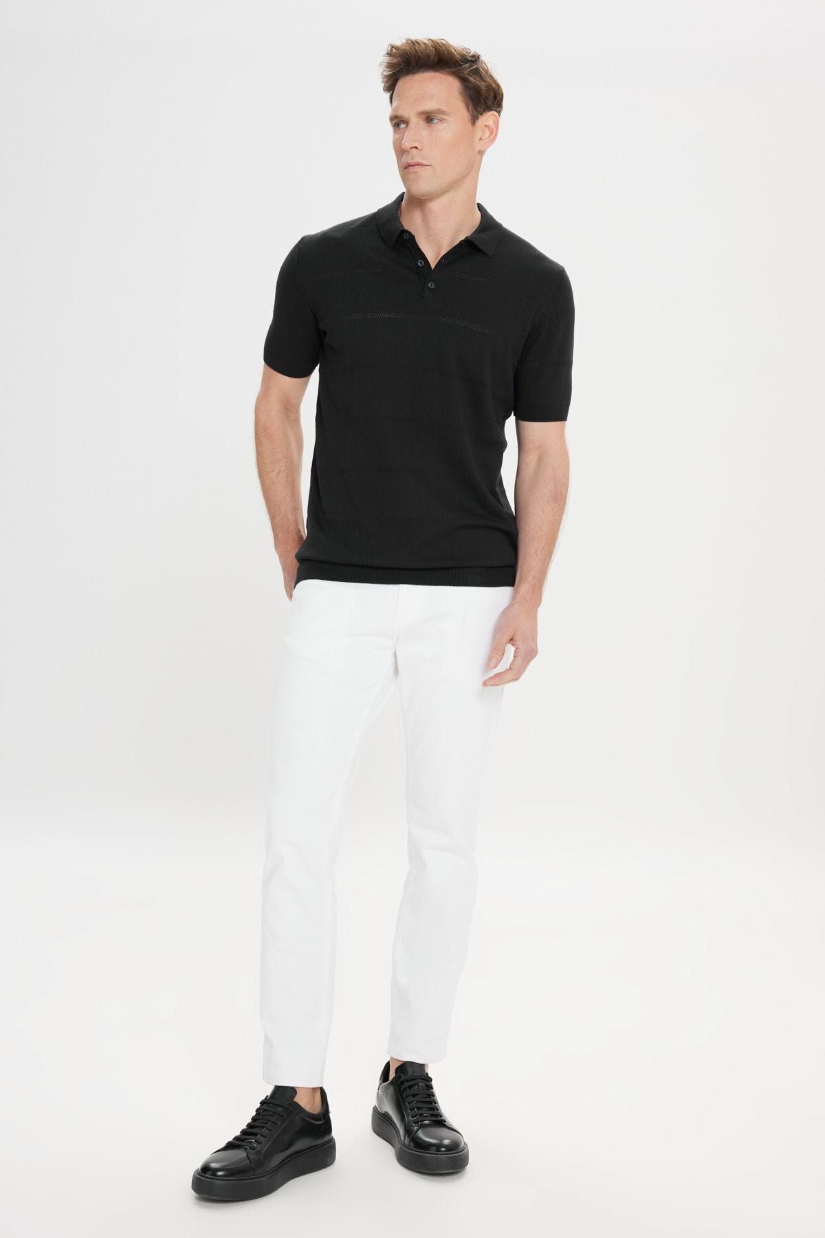 Men's Black Standard Fit Normal Cutting 100 %Cotton Jacquari Polo Yaka Triko T -shirt