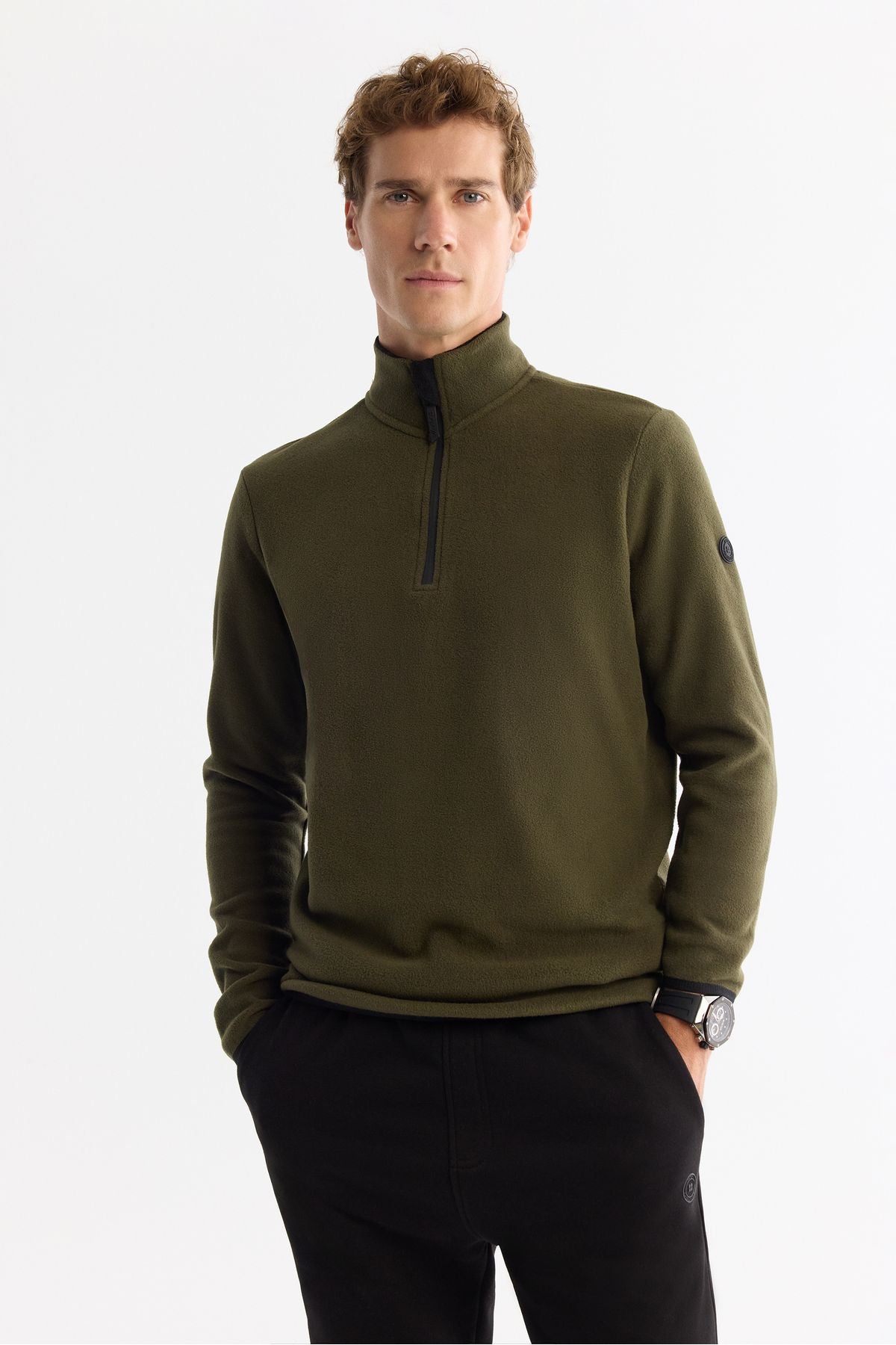 Men's green cold resistant half -zipper vertical polar sweatshirt E001068