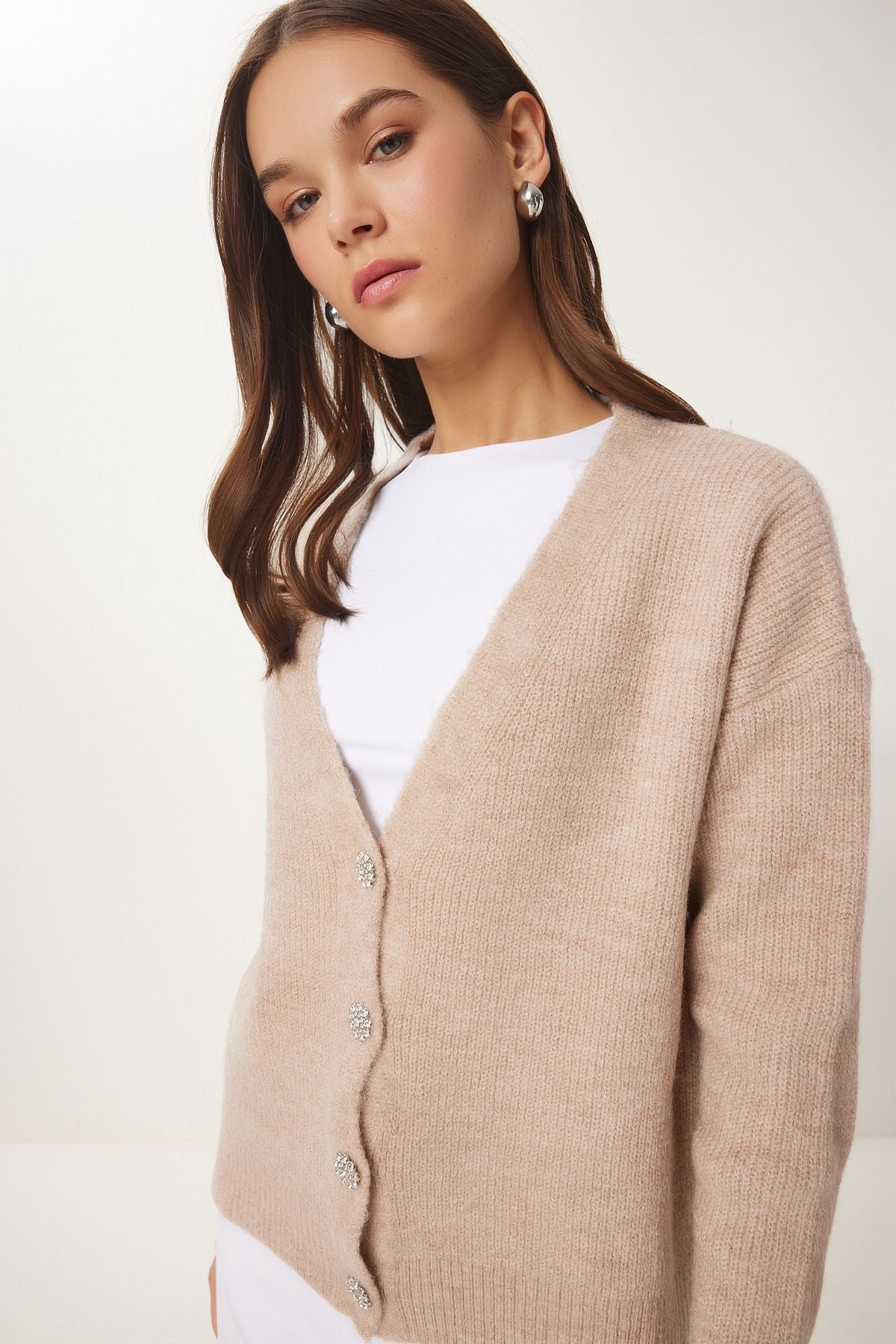 Woman beige stylish button knitwear cardigan mx00114