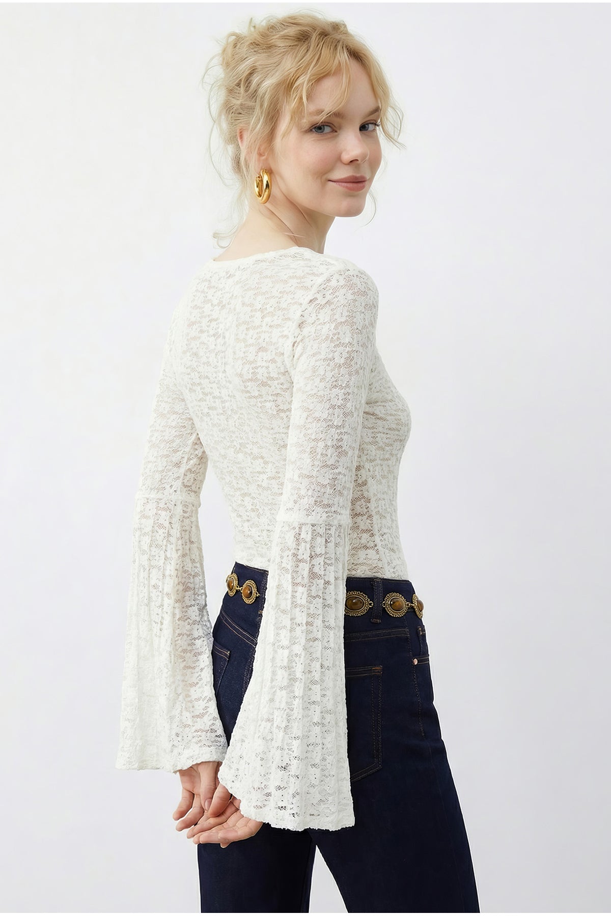 Women's V-Neck Pleat Detailed Spanish Sleeve Transparent Lace Blouse 1051 60283938