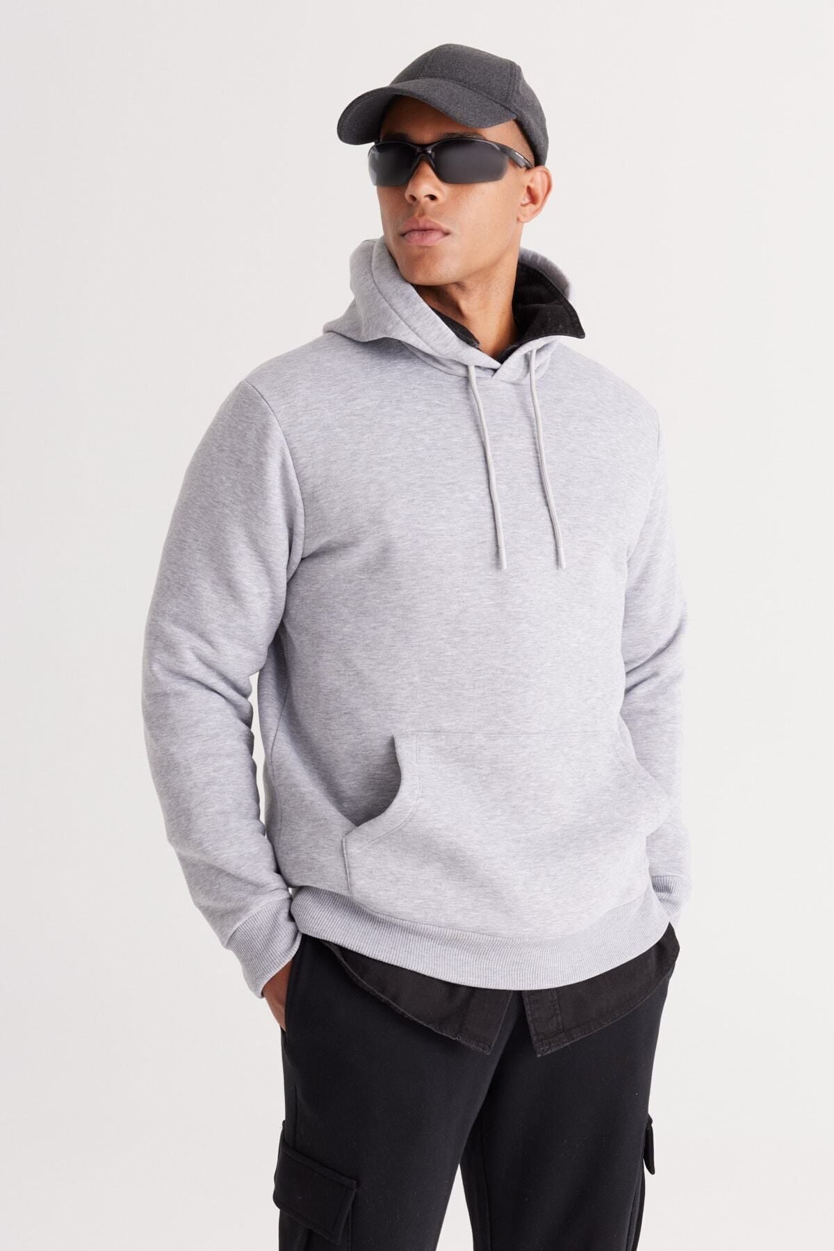 Men's Gray Melanj Standard Fit Içi Polar 3 IP hooded kangaroo pocket cotton sweatshirt