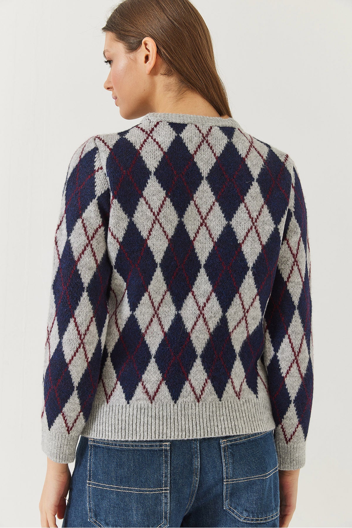 Women's Crew Neck Diamond Patterned Sweater 241192 60261036