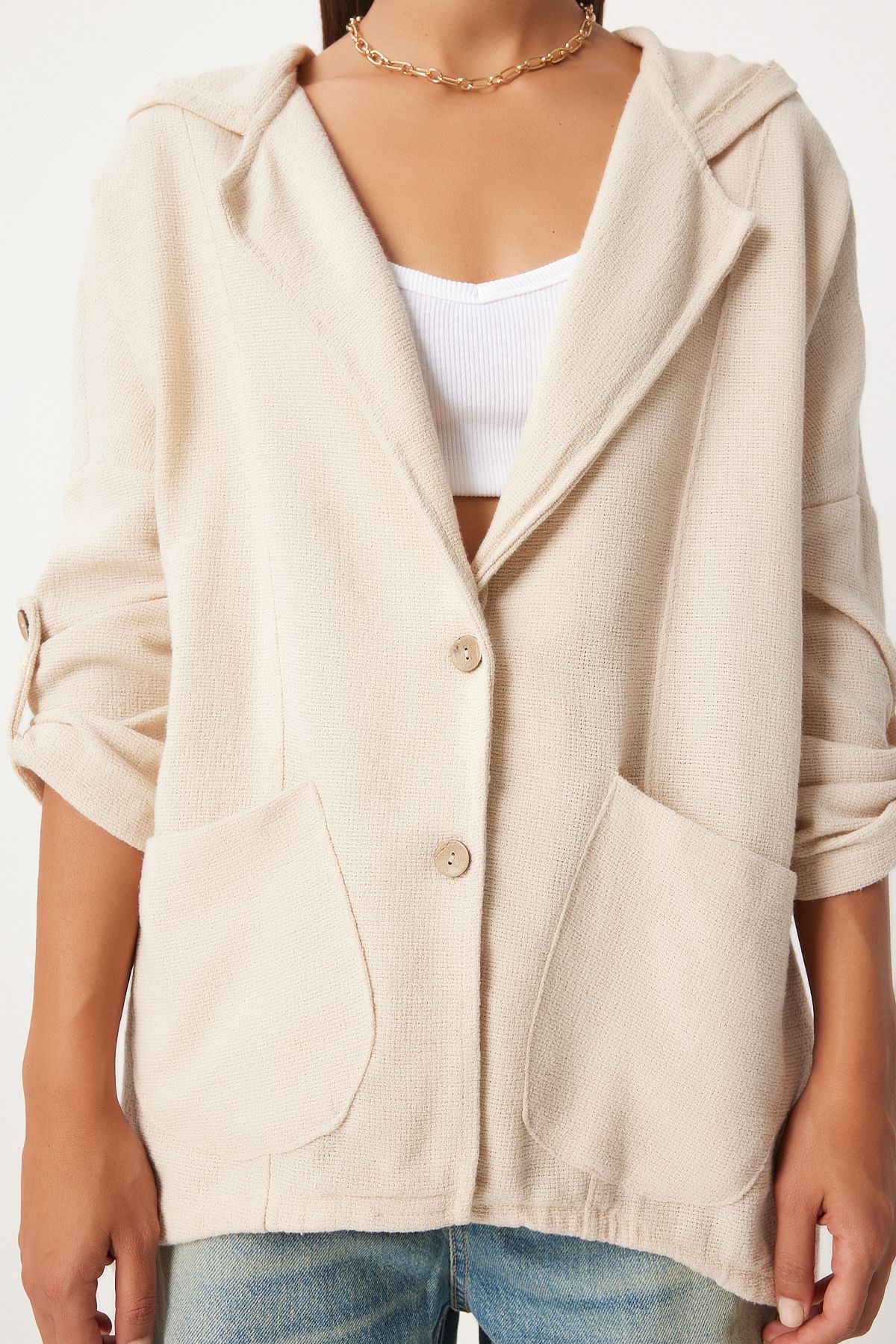 Female cream hooded overwheeling jacket gp00007