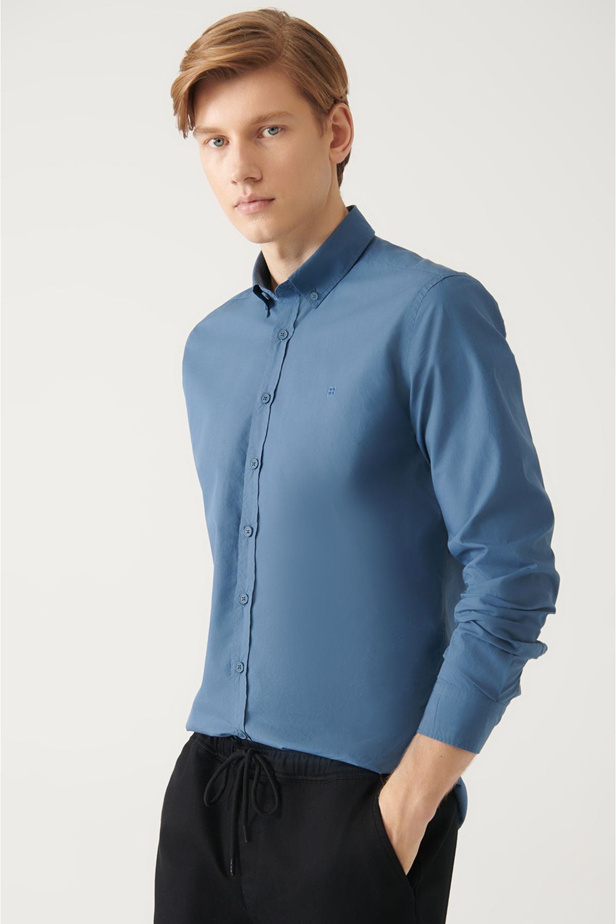 Men's Indigo Buttoned Neck Basic 100 %Cotton Shirt B002030