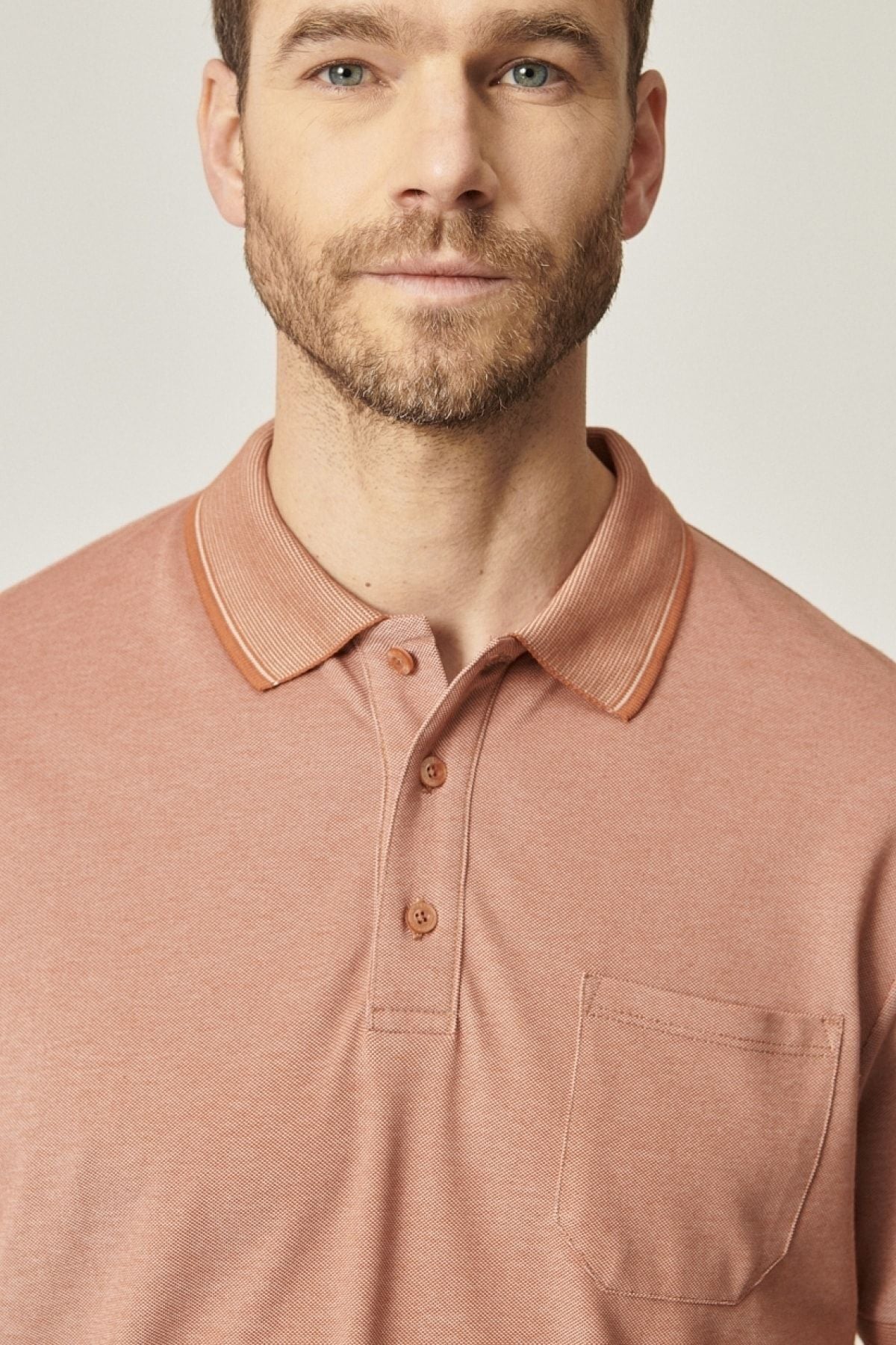 Men-Plugging Cotton Fabric Regular Fit Casual Cut Tile-Bej Curled Polo Yaka Pocket T-shirt