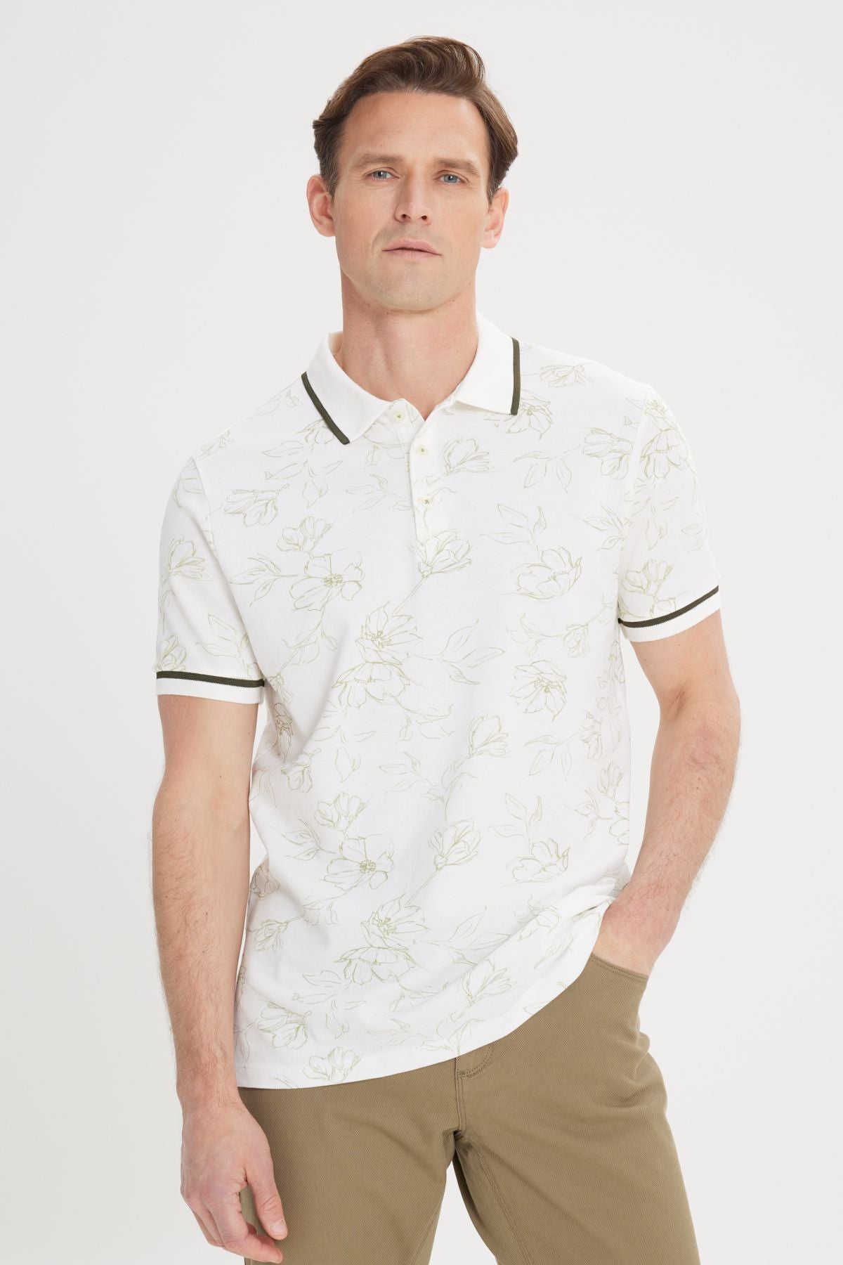 Men's White-Haki Slim Fit Narrow Cutting 100 %Cotton Flower Printed Polo Yaka T-shirt