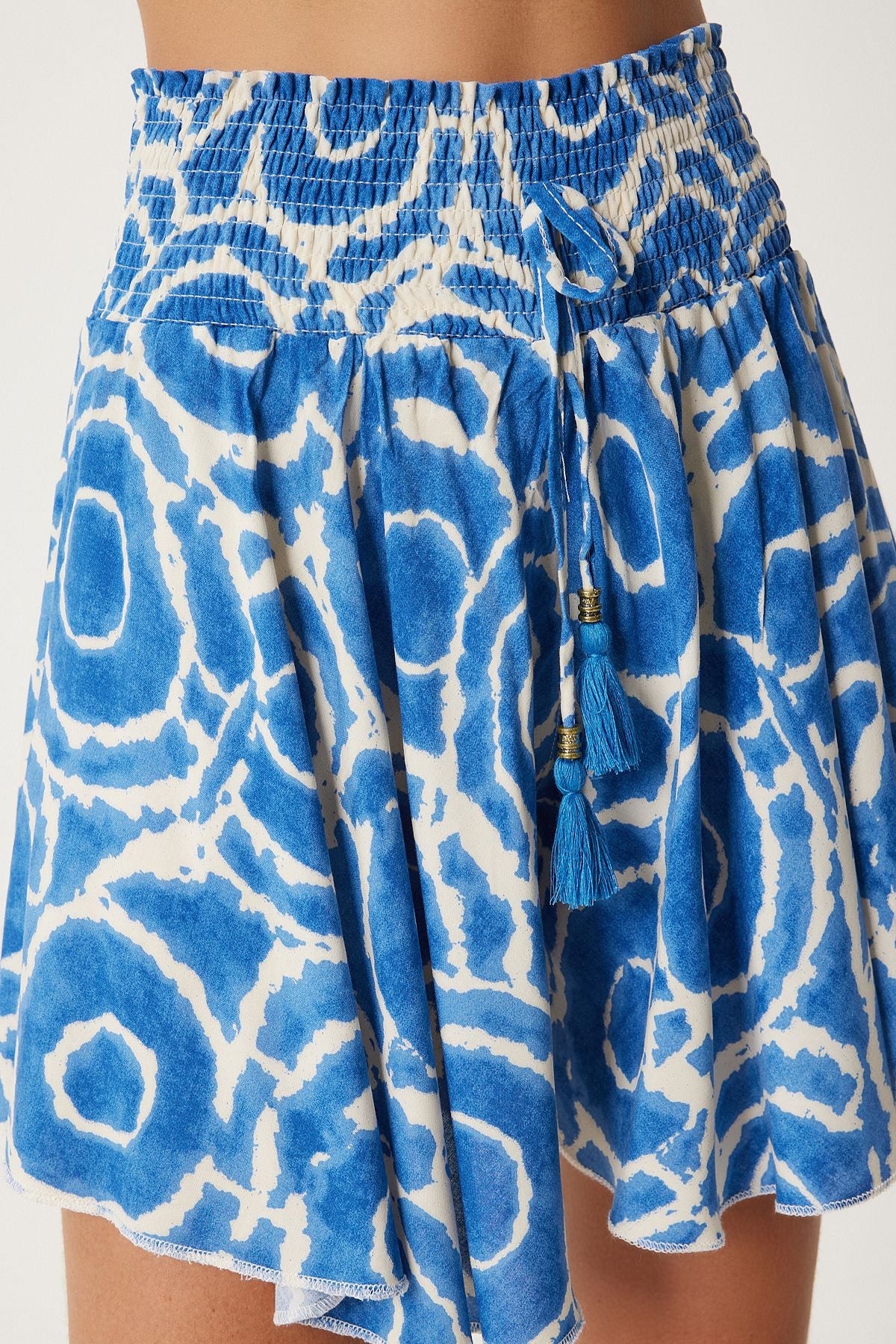Women's Blue Cream Patterned Blouse Short Set DK00171