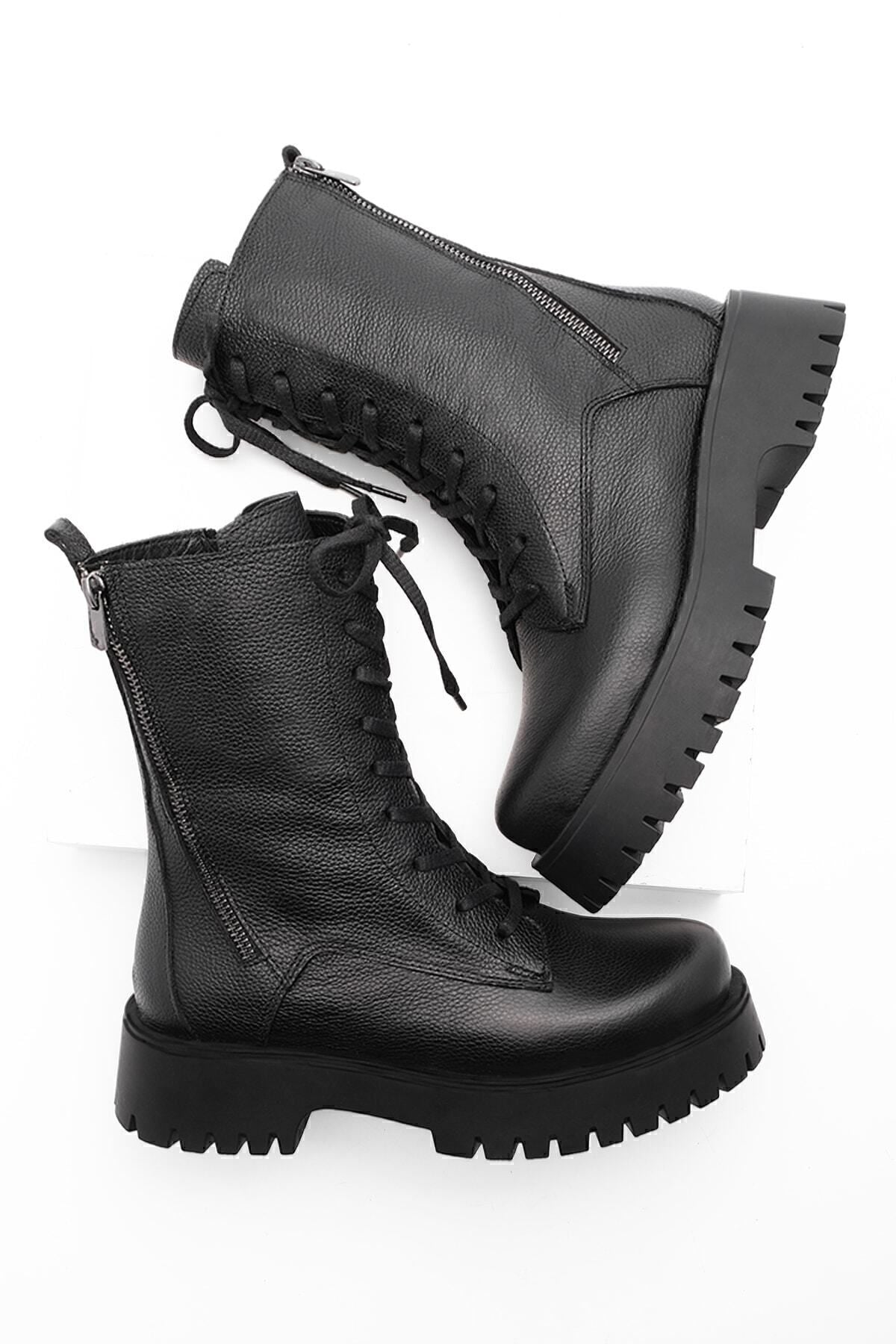 Woman Genuine Leather Postal Boots Thick Skolded Base Zippered Lace Laccik Daily Bot Orben Black