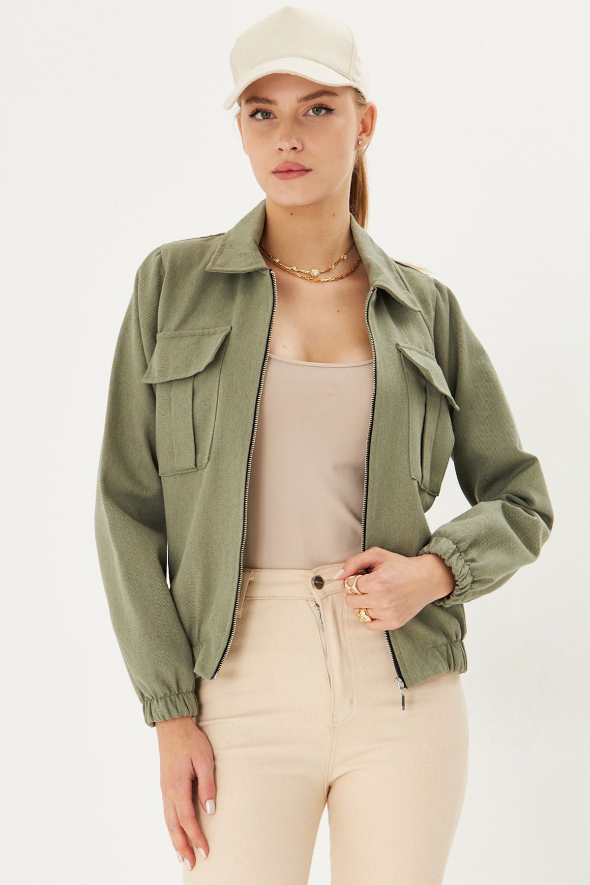 Female Khaki shirt collar front zipper chest pocket detailed waist tire jacket ARM-25K001055
