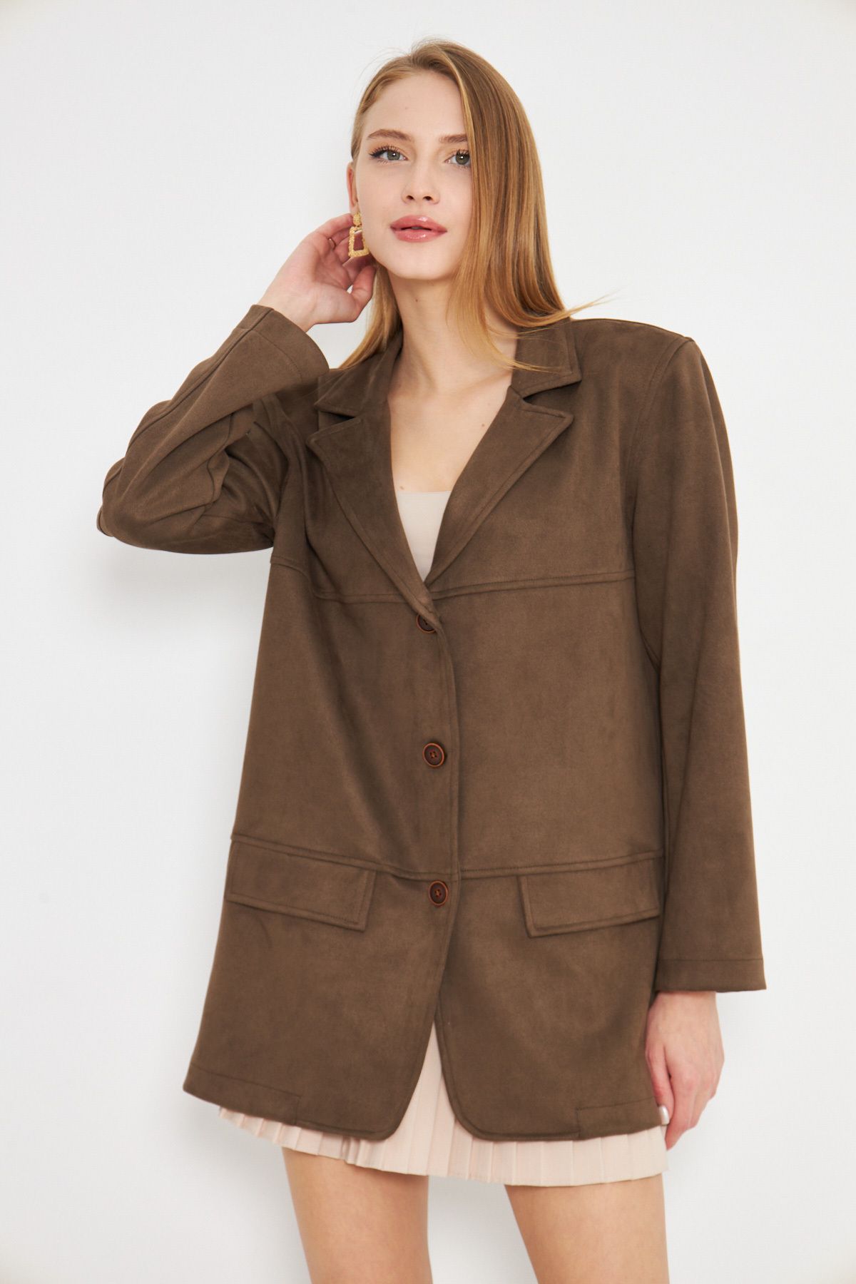 Woman Dark Coffee Coffee Credit Preceded Premium Premium Suede Oversize Jacket ARM-25K001057