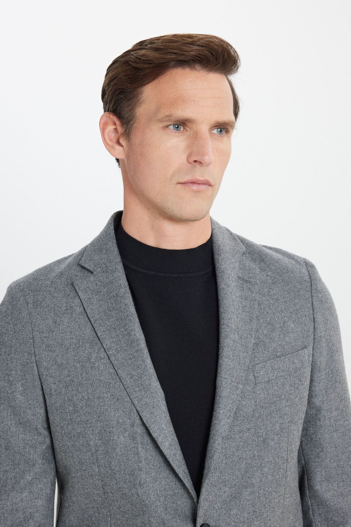 Men's gray woolen slim fit narrow -cut mono collar waist tied bag pocket suit suits