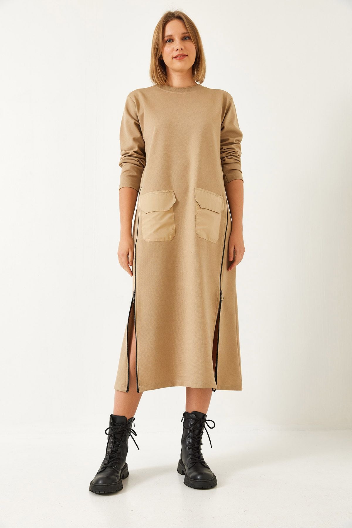 Women's sides with zipper double pocket long dress 8004 60351340