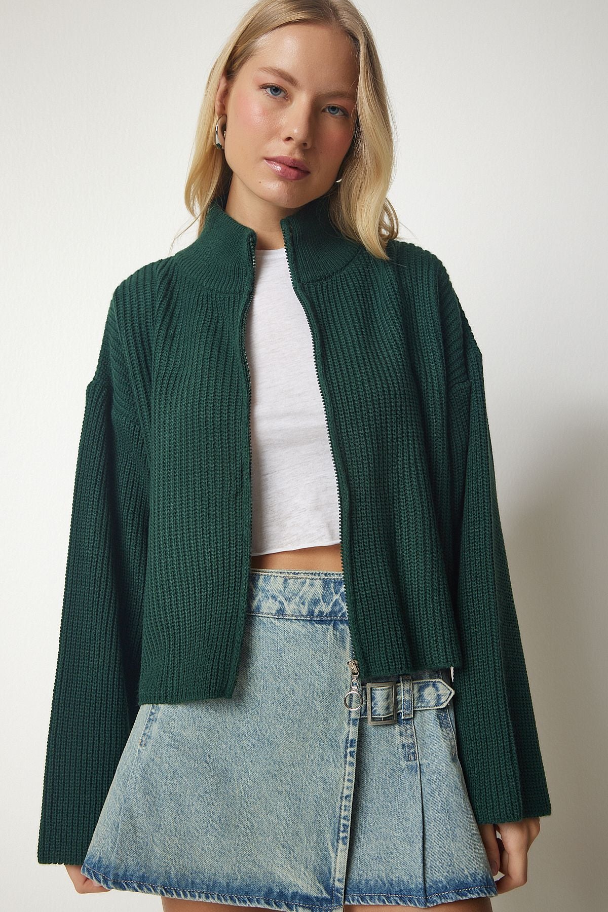 Female emerald green zipper knitwear cardigan yy00172