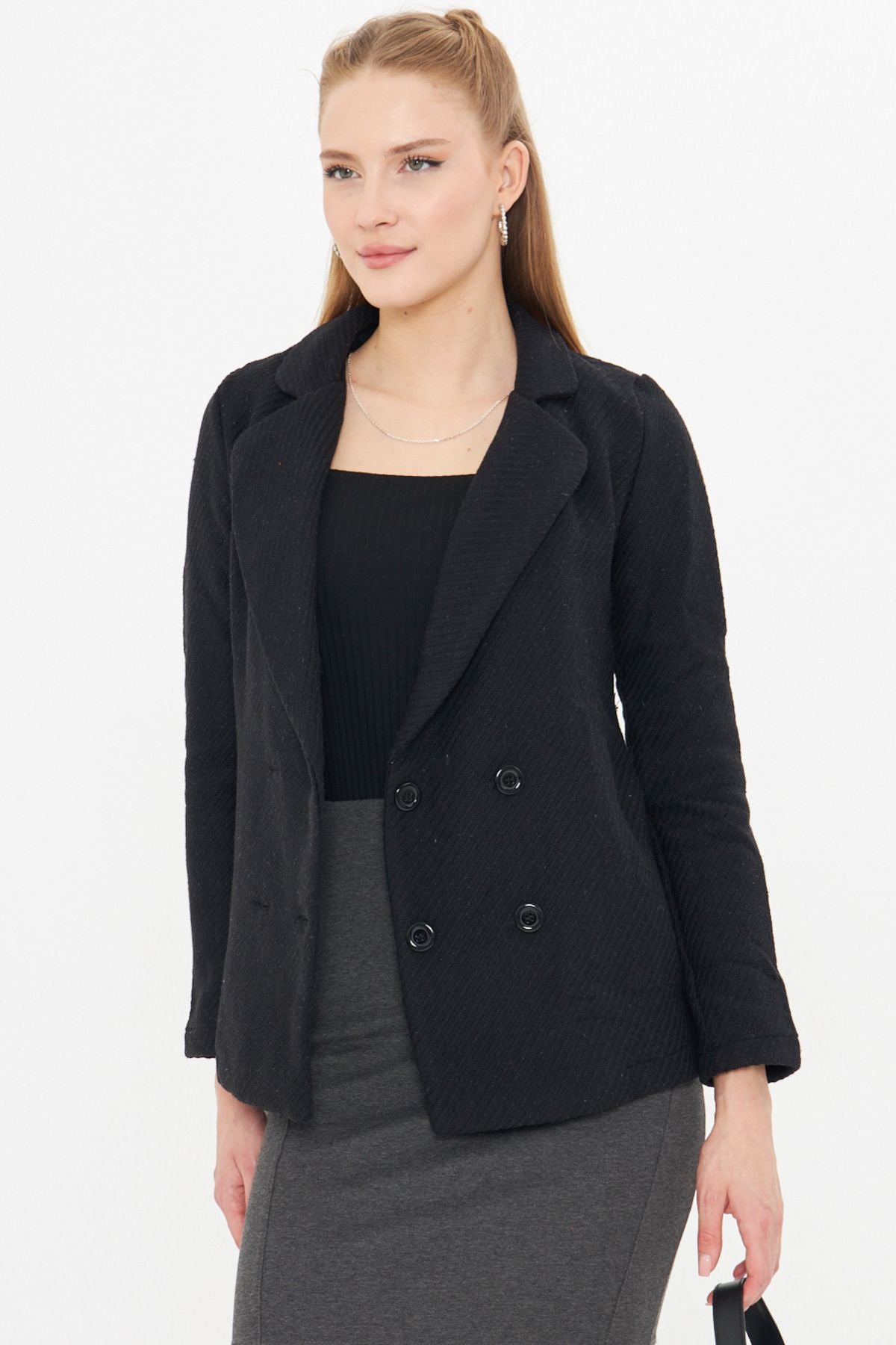 Four buttoned stamp jacket with female black line pattern ARM-24K001037