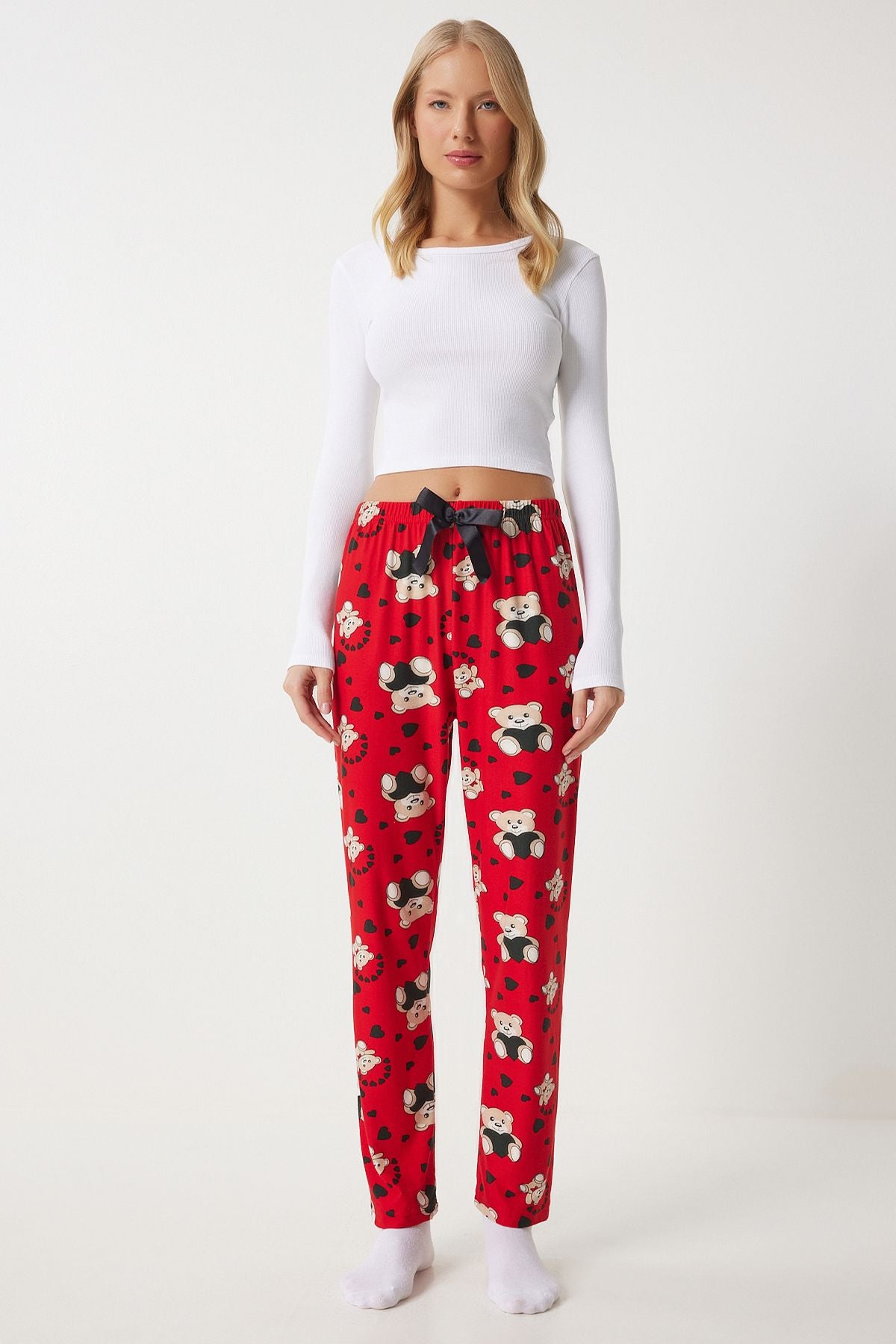 Woman Red Patterned Soft textured knitting pajamas six ec00047