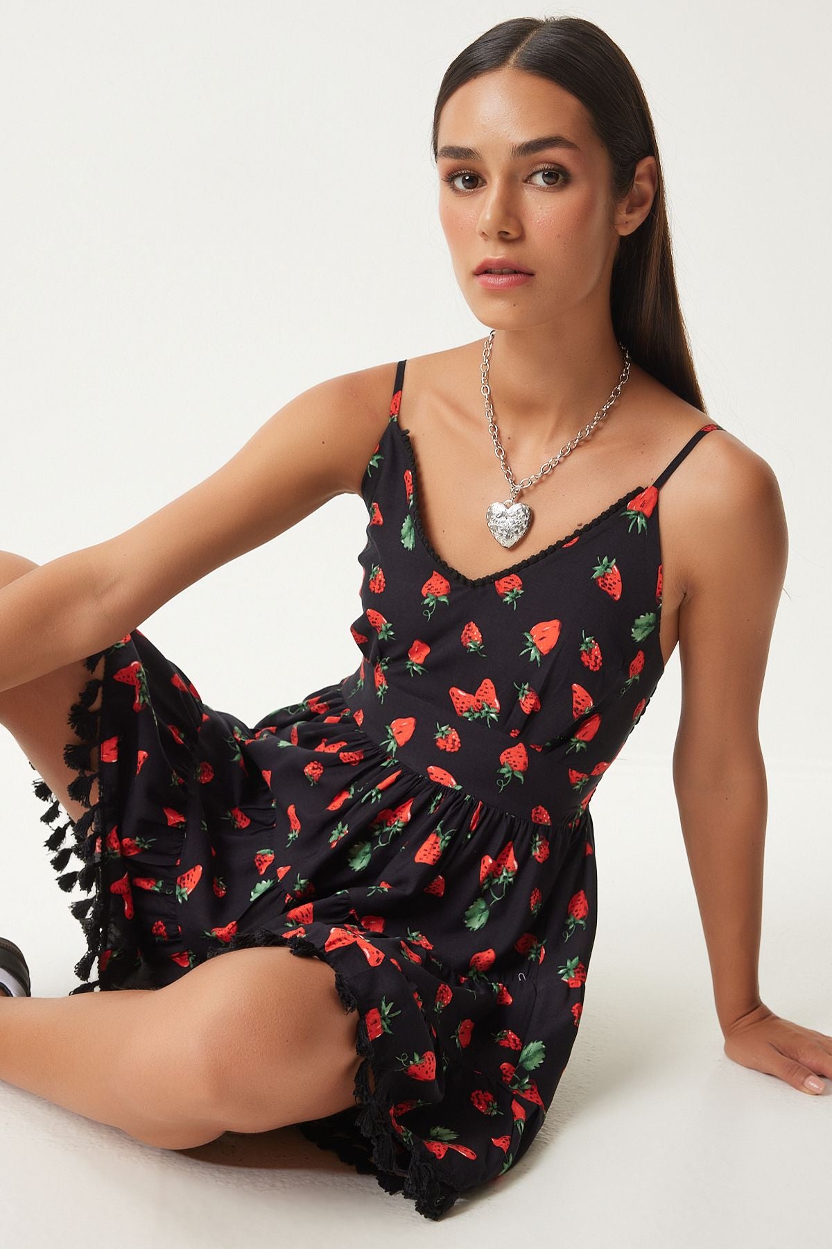 Woman Red Black Patterned Summer Viscose Dress FN03203