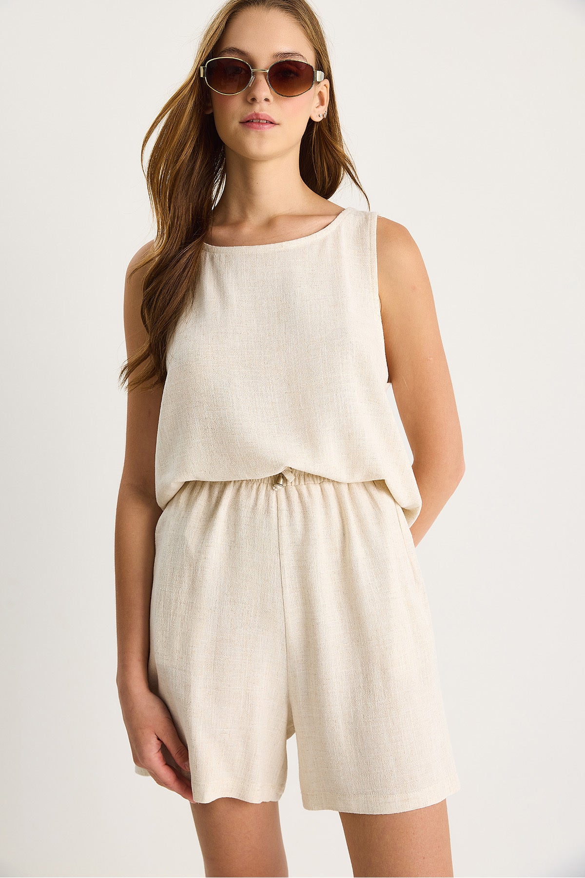 Women's Thin Viscose Linen Blouse Shorts Set 60282024