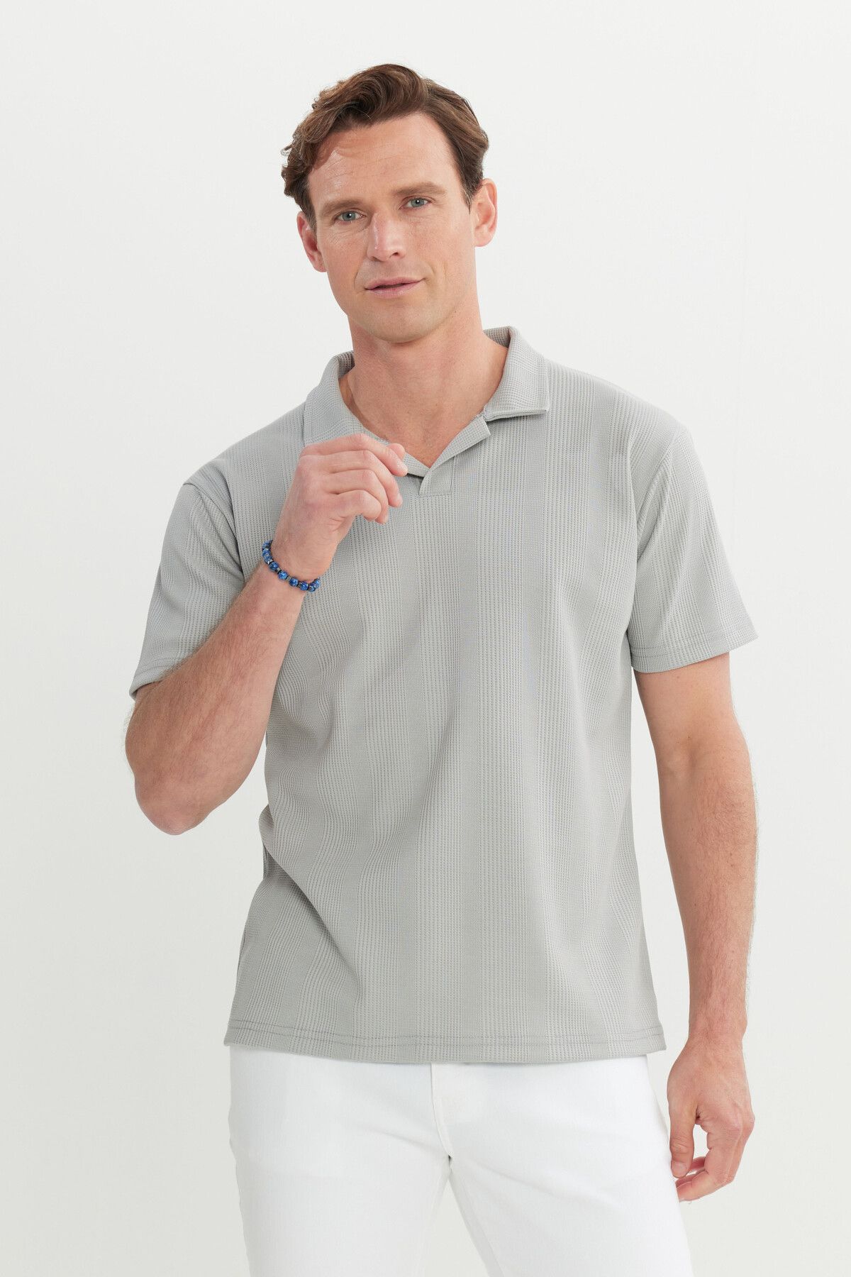 Men's light gray relax fit comfortable cut Polo Yaka T -shirt