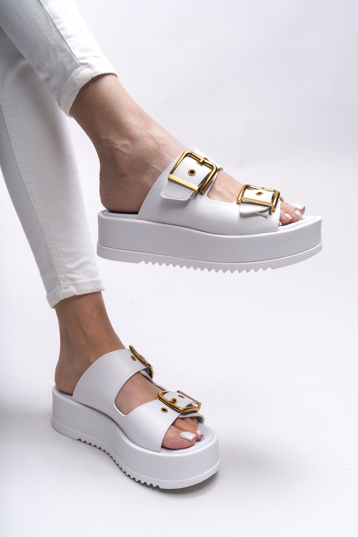 Winledha Woman Double Buckle Slipper 001278 White Skin
