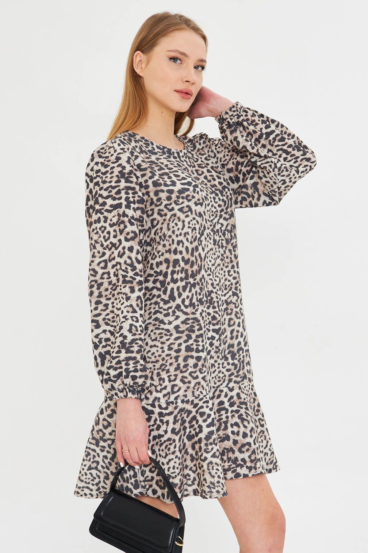 Female beige round collar skirt flywheel arms shirred mini dress ARM-25K001093